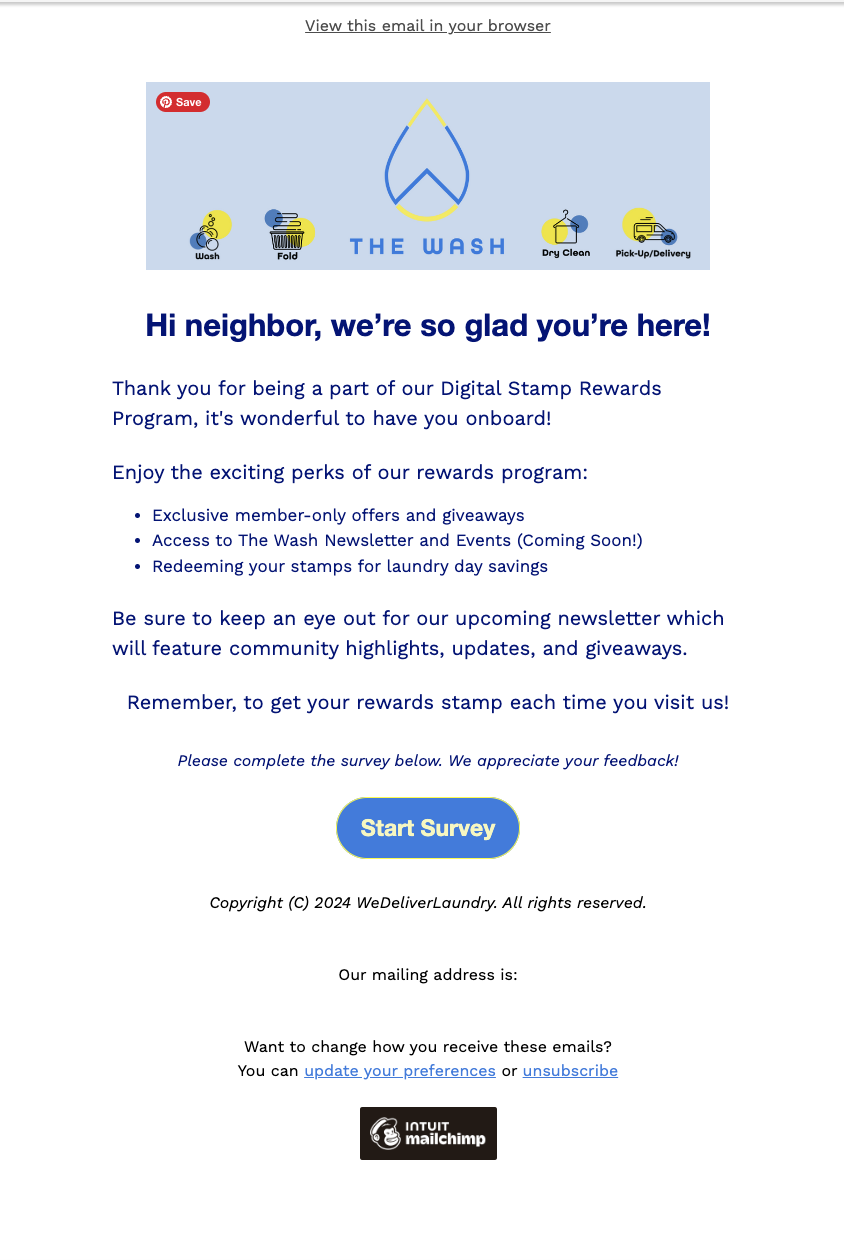 The Wash Laundry onboarding email for the loyalty program