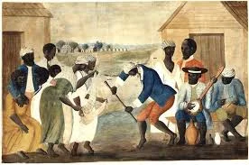 Slaves gathering, dancing playing instruments