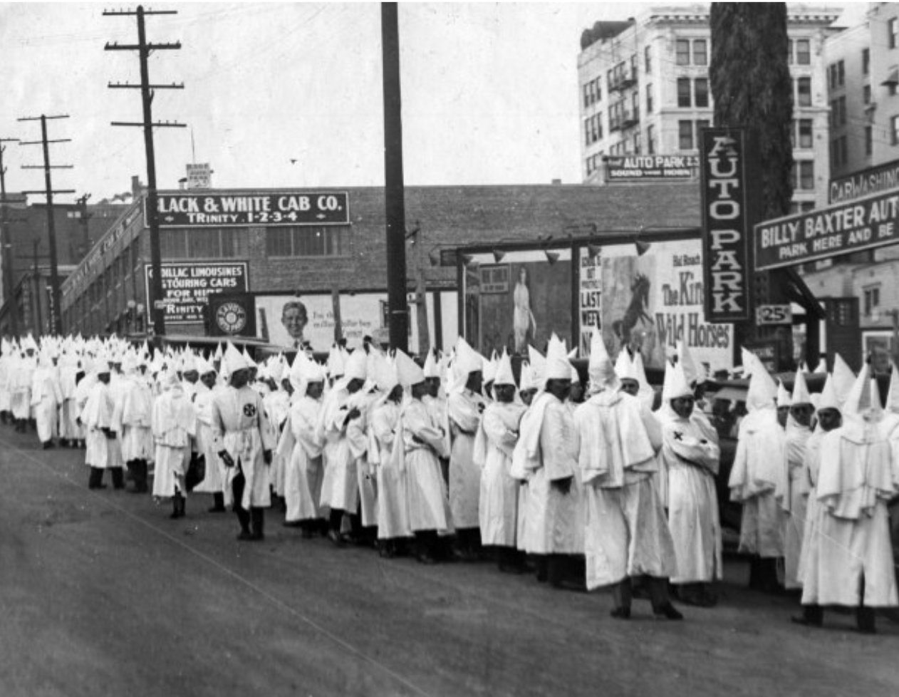 June 29, 1924: Members of the Ku Klux Klan gather at 5th and Olive streets in downtown Los Angeles for church service at the Temple Baptist Church. (Los Angeles Times)