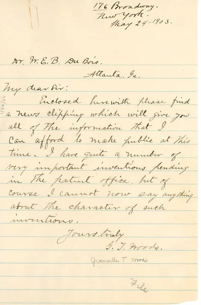 Letter from Granville Woods to W.E.B. DuBois discussing some of his inventions.