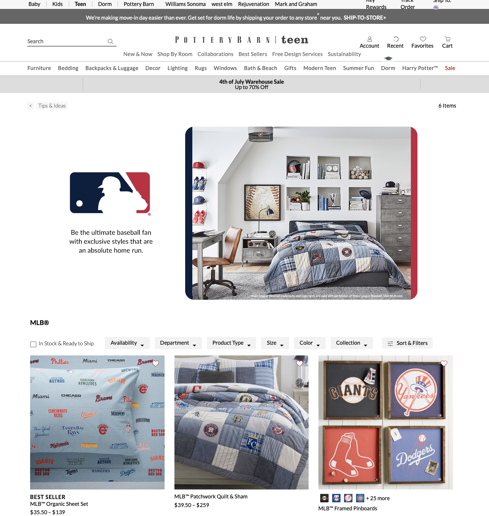 Pottery Barn Teen x Major League Baseball Landing Page