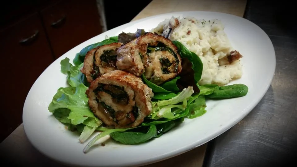 Pork Roulade with side of bacon mashed potatoes.