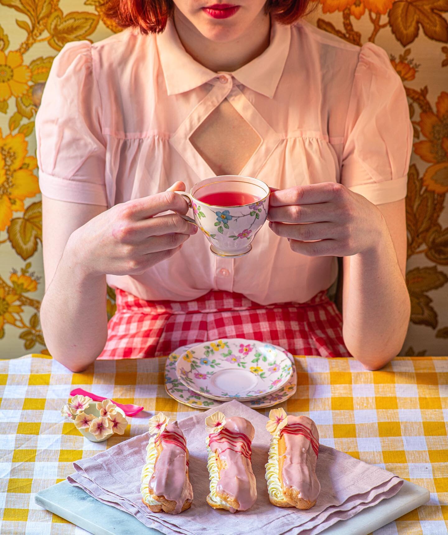 Ok so this is a very much experimental style (and shows so much more in the story orientation. 
But here is a Wes Anderson inspired Segway into cake photography.
And the eclairs were delicious- chantilly cream and raspberry filled with a home boiled 