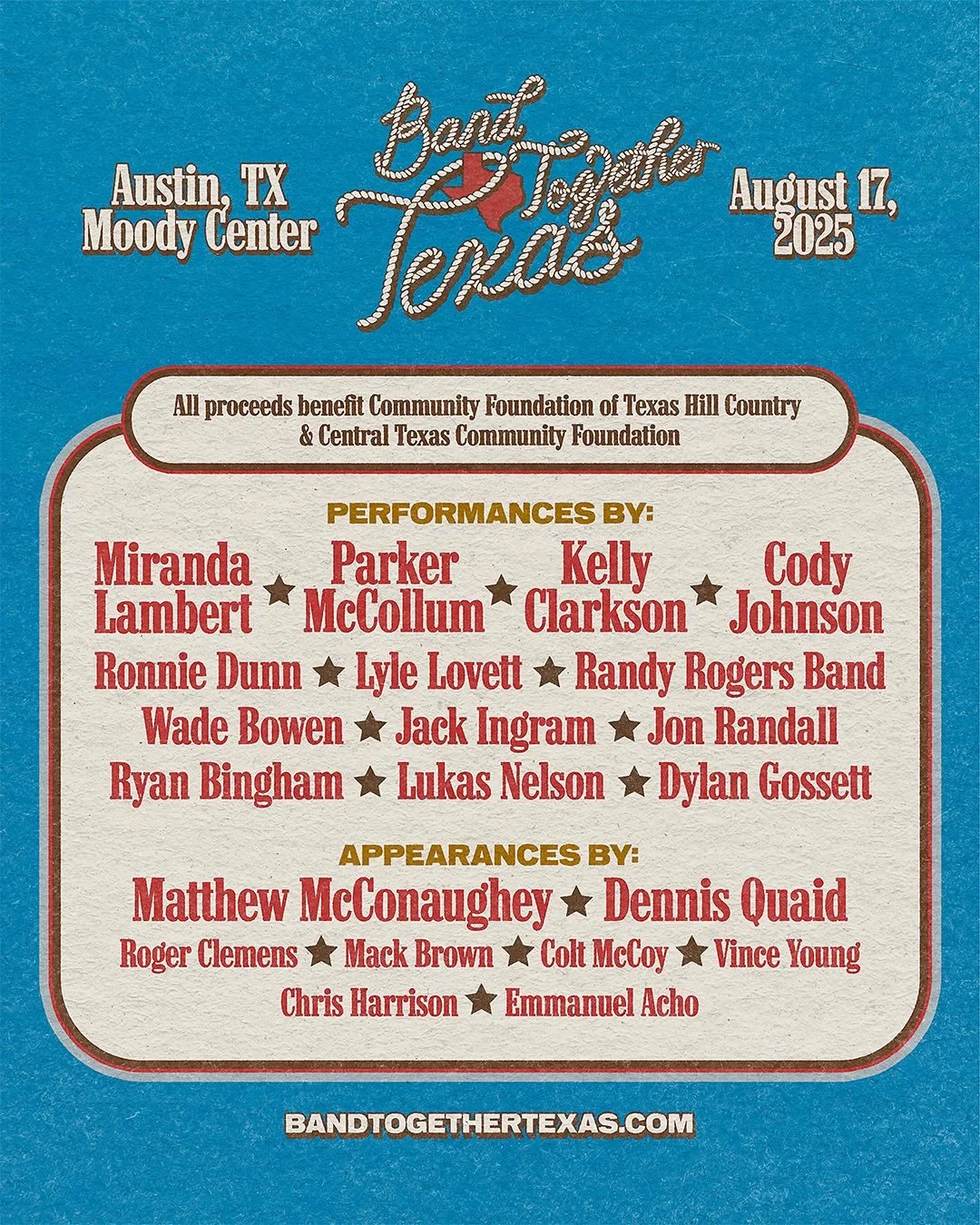 We are so proud to be joining @dellfoundation  to present Band Together Texas ❤️🤍💙 &mdash; A flood relief concert benefitting Community Foundation of Texas Hill Country &amp; Central Texas Community Foundation

Presale registration is open now thro