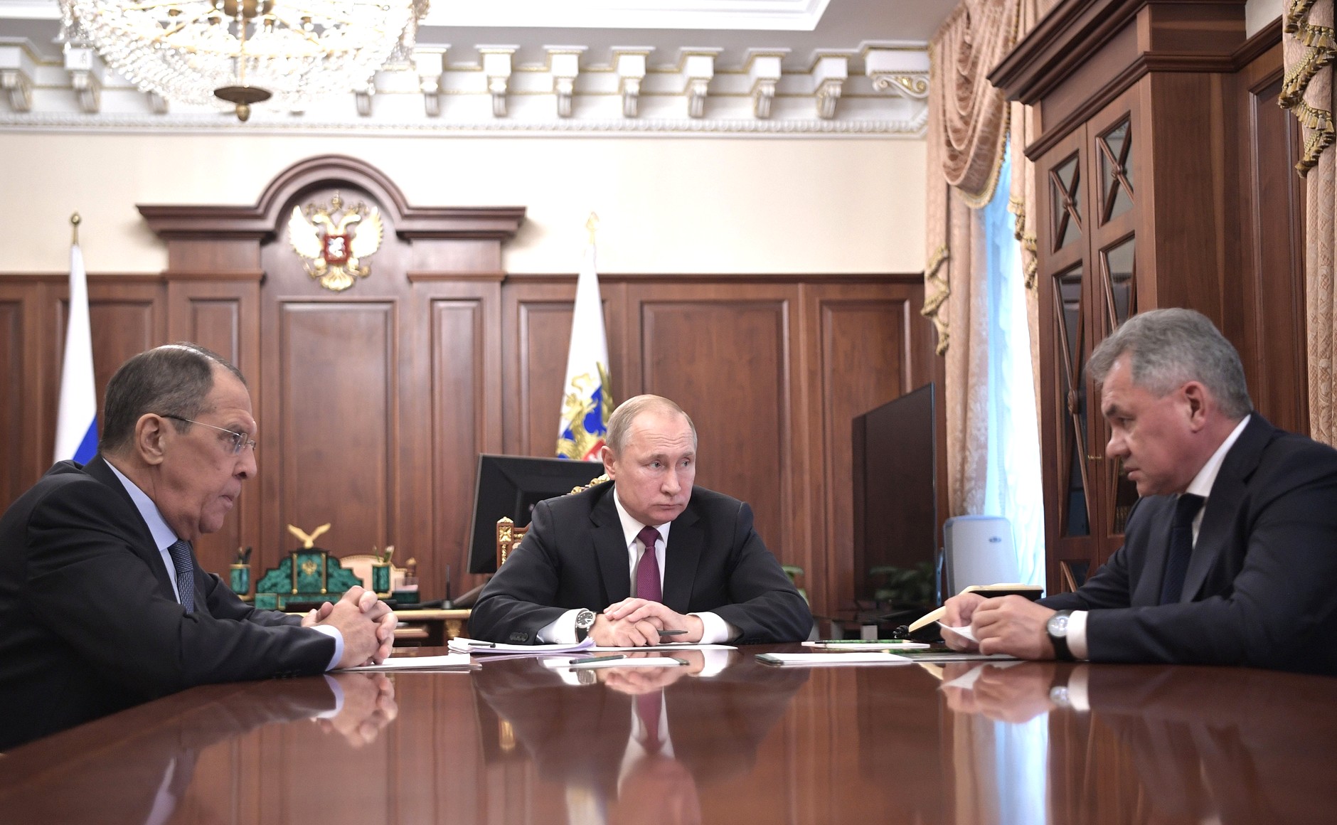 Russian President Vladimir Putin meeting with Foreign Minister Sergei Lavrov (left) and Defence Minister Sergei Shoigu on 2 February 2019. Photo Credit: http://en.kremlin.ru/events/president/news/59763