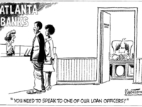 Notice the clothing of the loan officer!