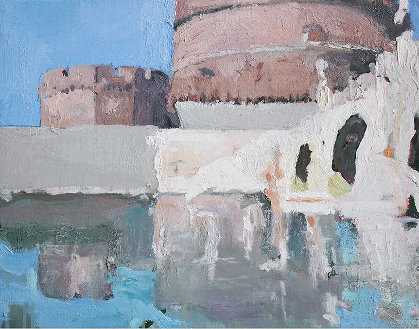 Alessandra Giovannoni, Castello e ponte Sant'Angelo II, 2017, olio su tela, 50x64,5 cm