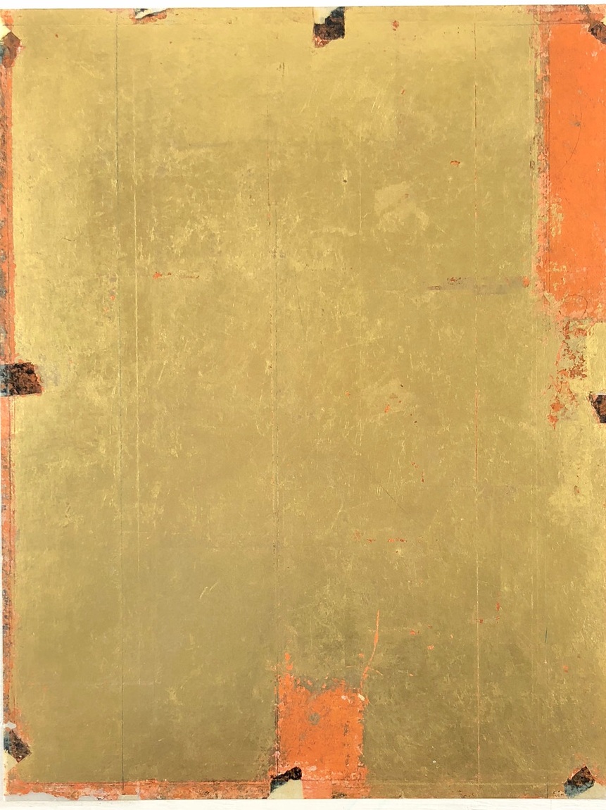 antonello viola, oro su arancio di cadmio, 2018, Olio matita e foglia d’oro su carta giapponese, cm 47 x 37