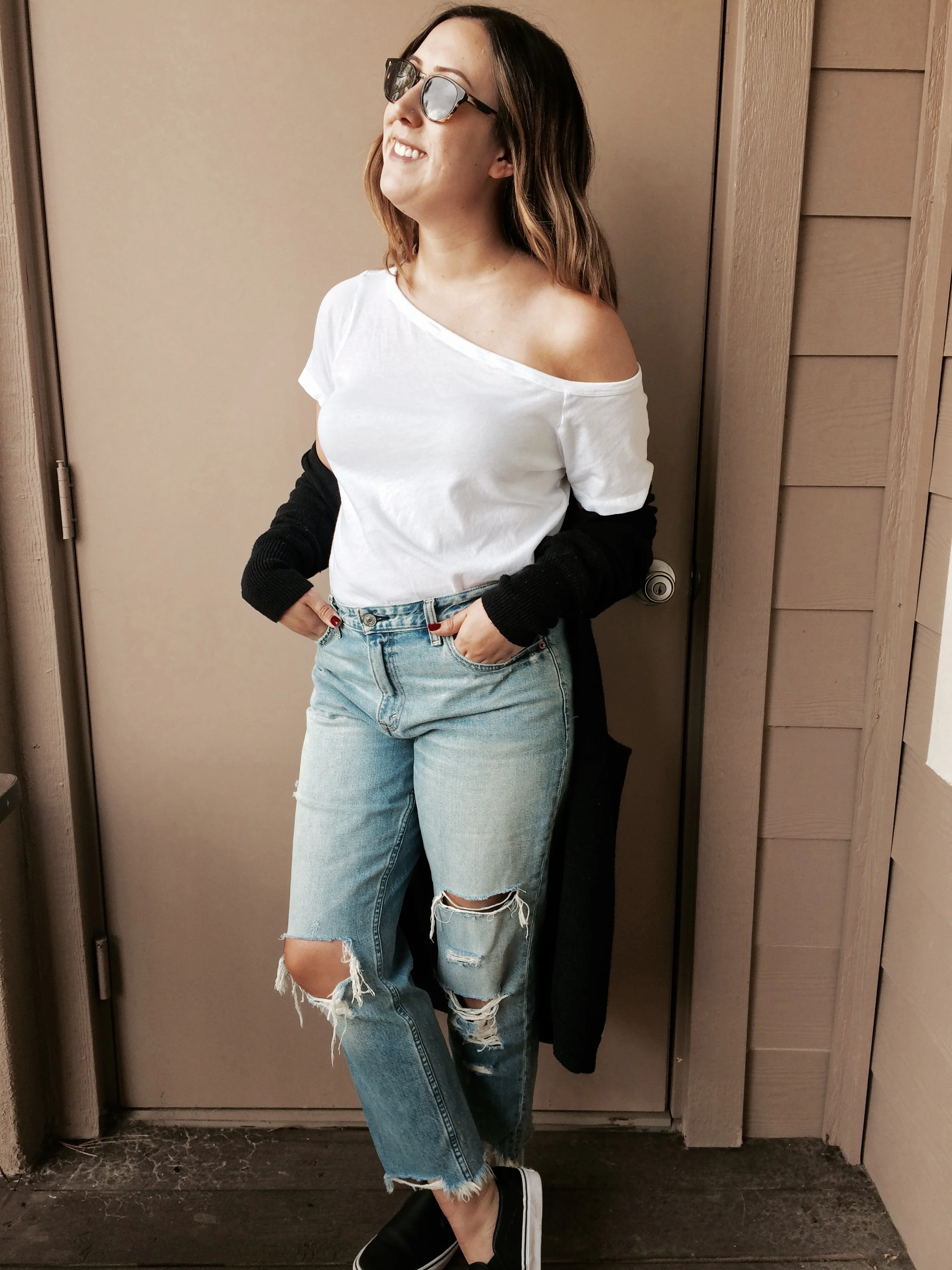 For my third look, I wanted something super casual that would be great for a day of running errands or hanging out. I paired my boyfriend jeans with a not so basic white tee, a long black cardigan and slip on sneakers!