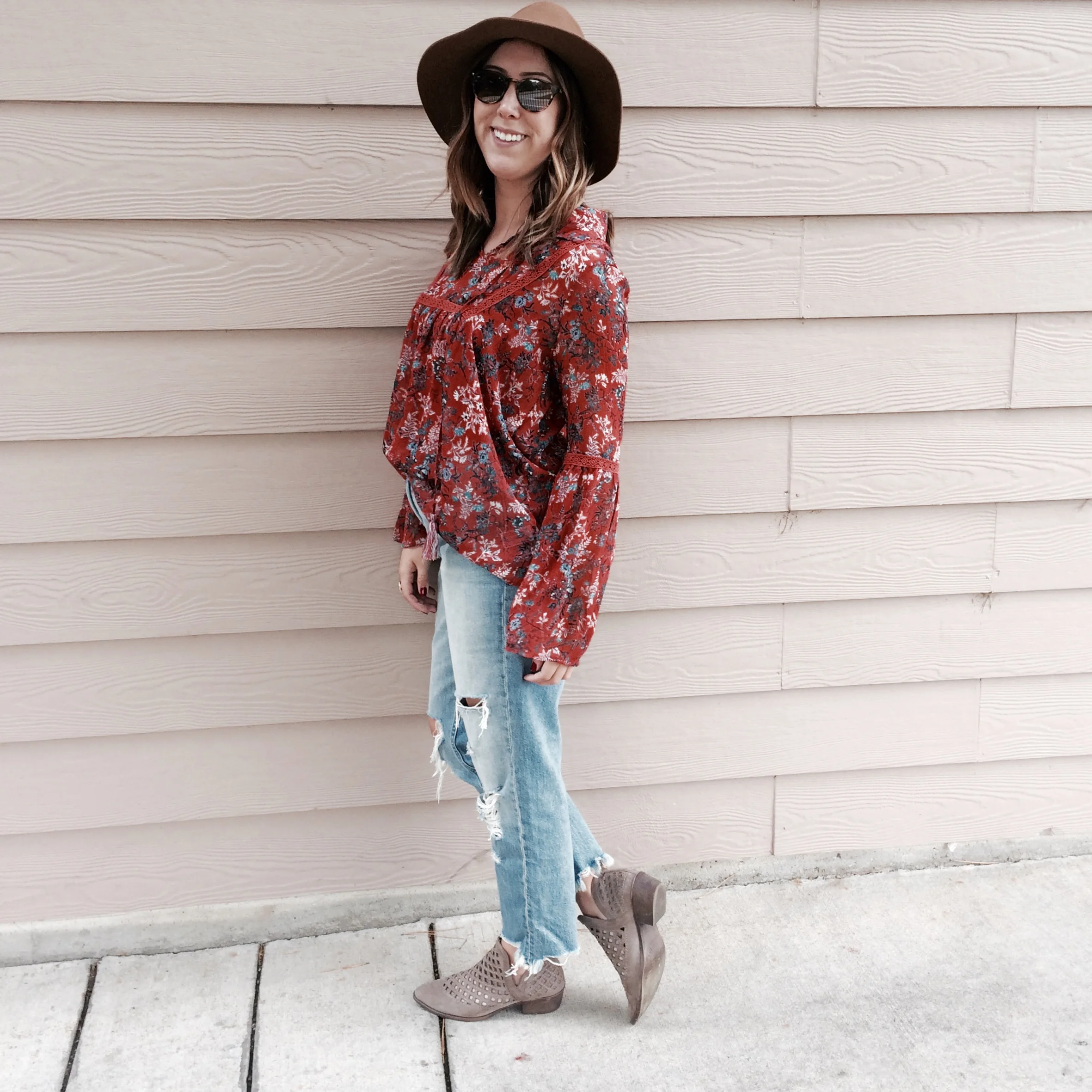I half tucked my blouse, and accessorized with cut out booties and a floppy hat for all the fall vibes!
