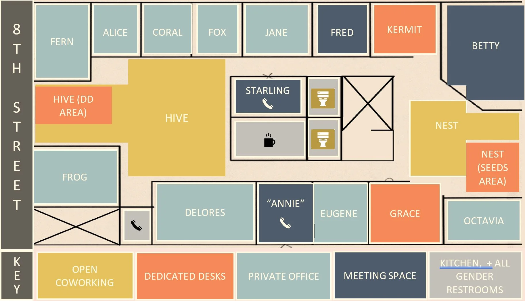Meeting spaces shown in dark blue.