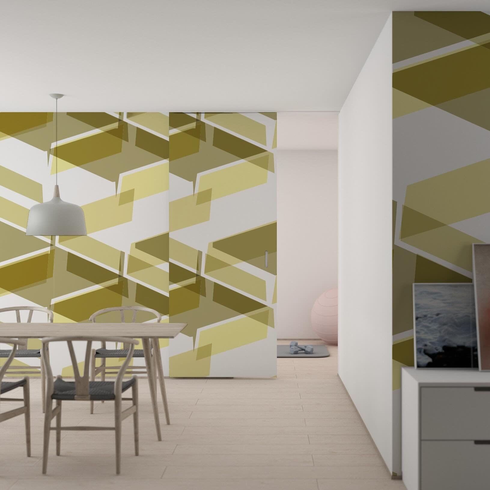 Add pattern to plain walls. Why opt for blocks of colour when you can at rhythm and make a statement. Here one of our designs for @newmorwallcoverings 
________________

#wallpaper #geometrics #splashofcolour #instadesign #interiors #patterndecor #pa