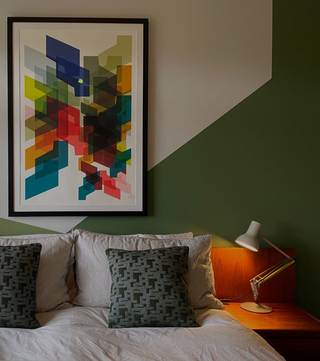 A lovely curatorial statement: With a keen interest in the structural relationships between shapes, lines, and colour, Bagley distills complex visual ideas into simple, yet captivating patterns that evoke a sense of balance and harmony. 
____________