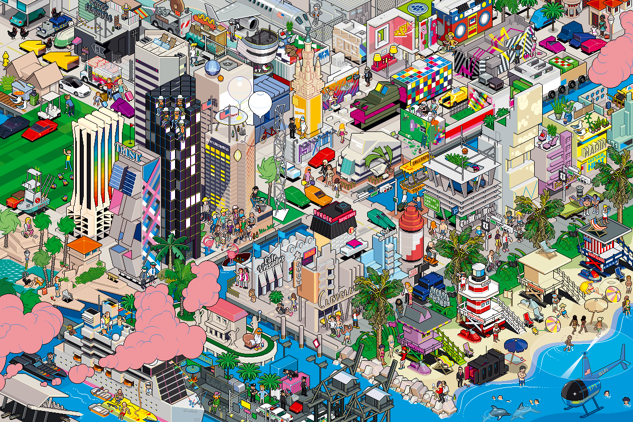 Affiche et tableau de Miami en Pixel Art par eBoy et marsdesign