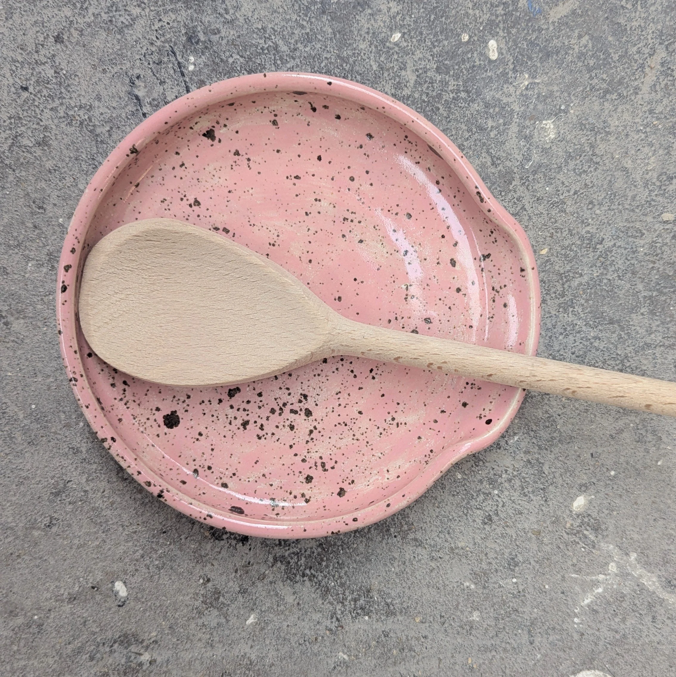 Large Pottery Spoon Rest Speckled Pink, Cooking Utensil Holder, Soap Dish