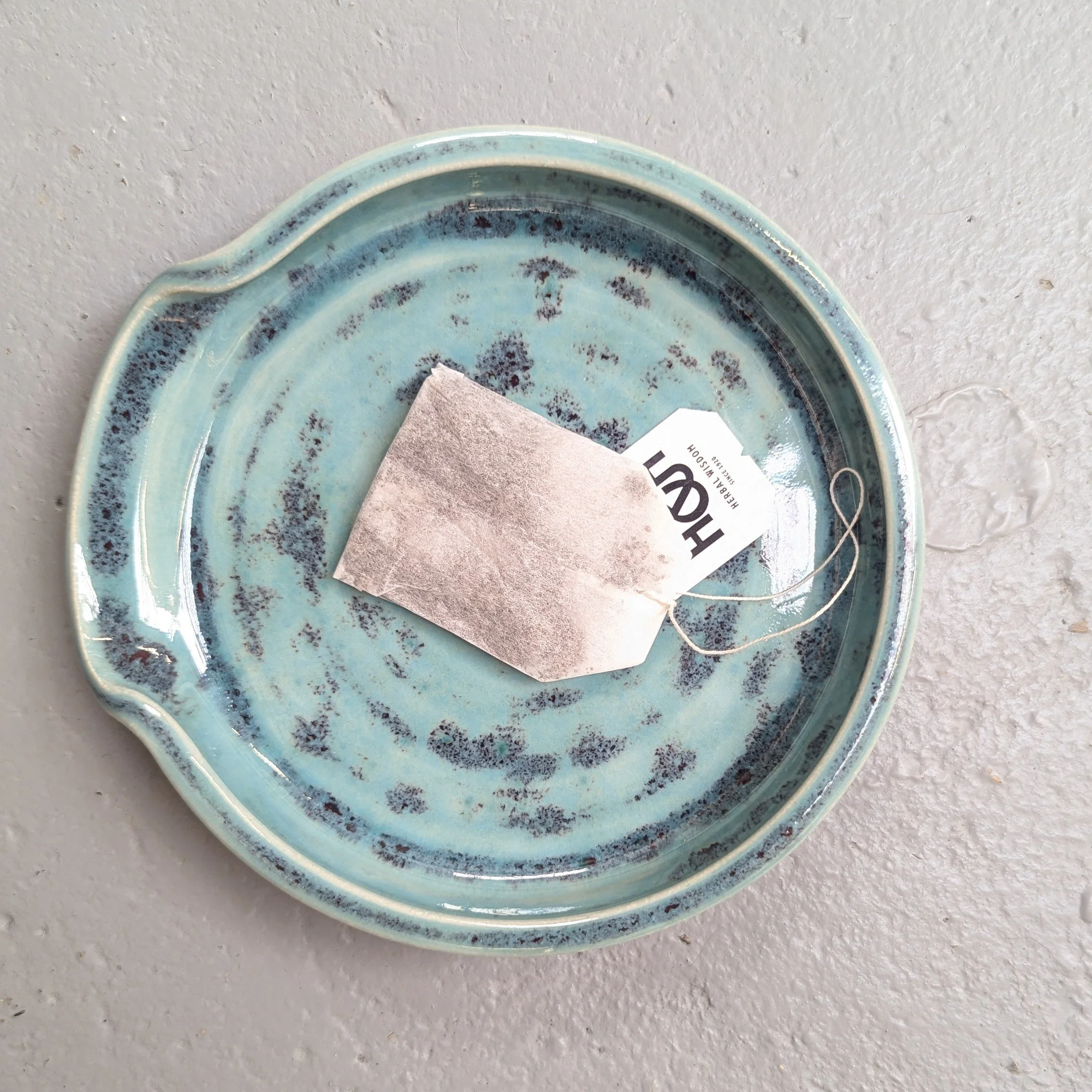 Ceramic Spoon Rest | Handmade Pottery Utensil Holder | Wheelthrown Teabag Dish | Turquoise and Grape
