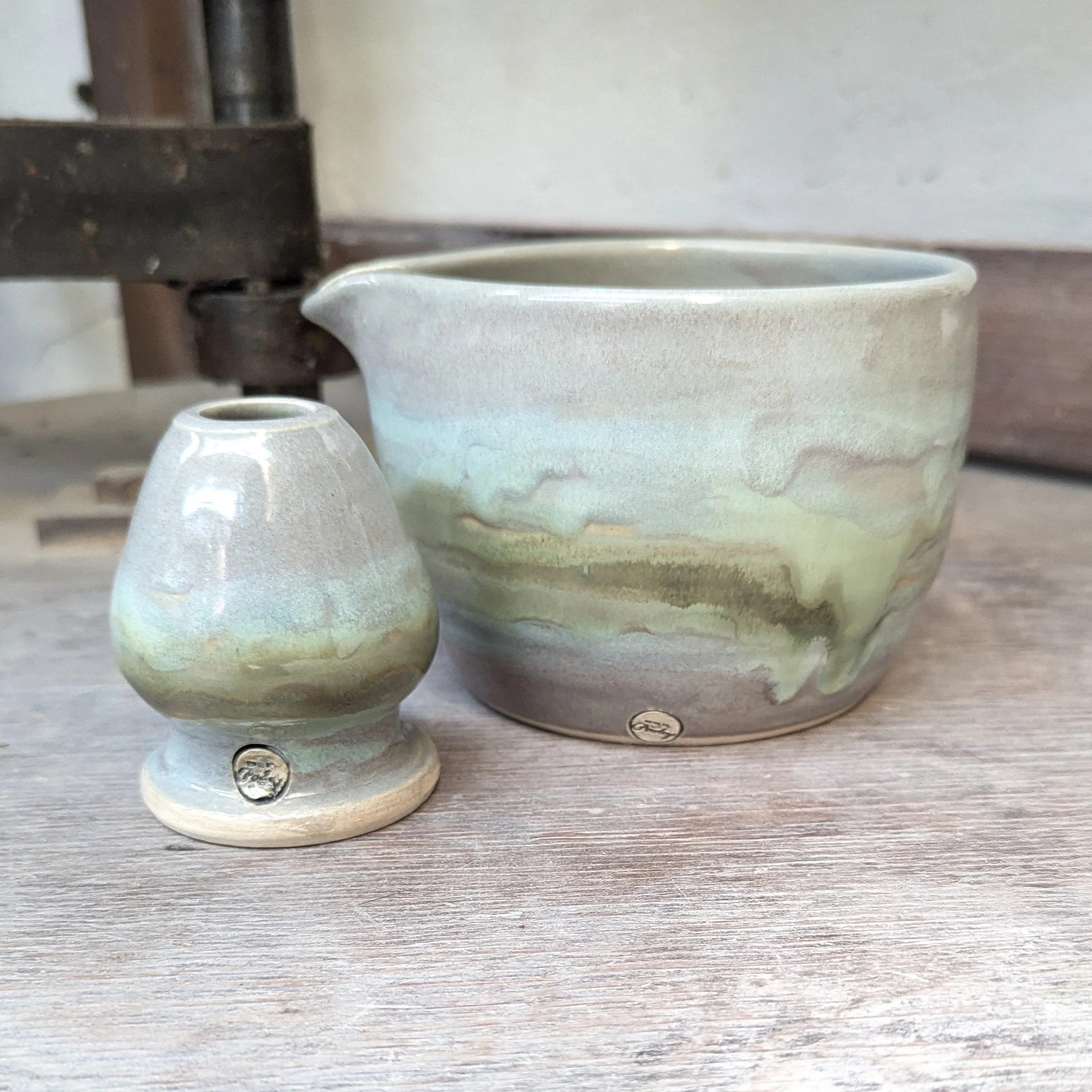 Pottery Matcha Set, Matcha bowl, Matcha whisk holder, chasen stand, ceramic pouring bowl, serving bowl handmade, mixing bowl with spout