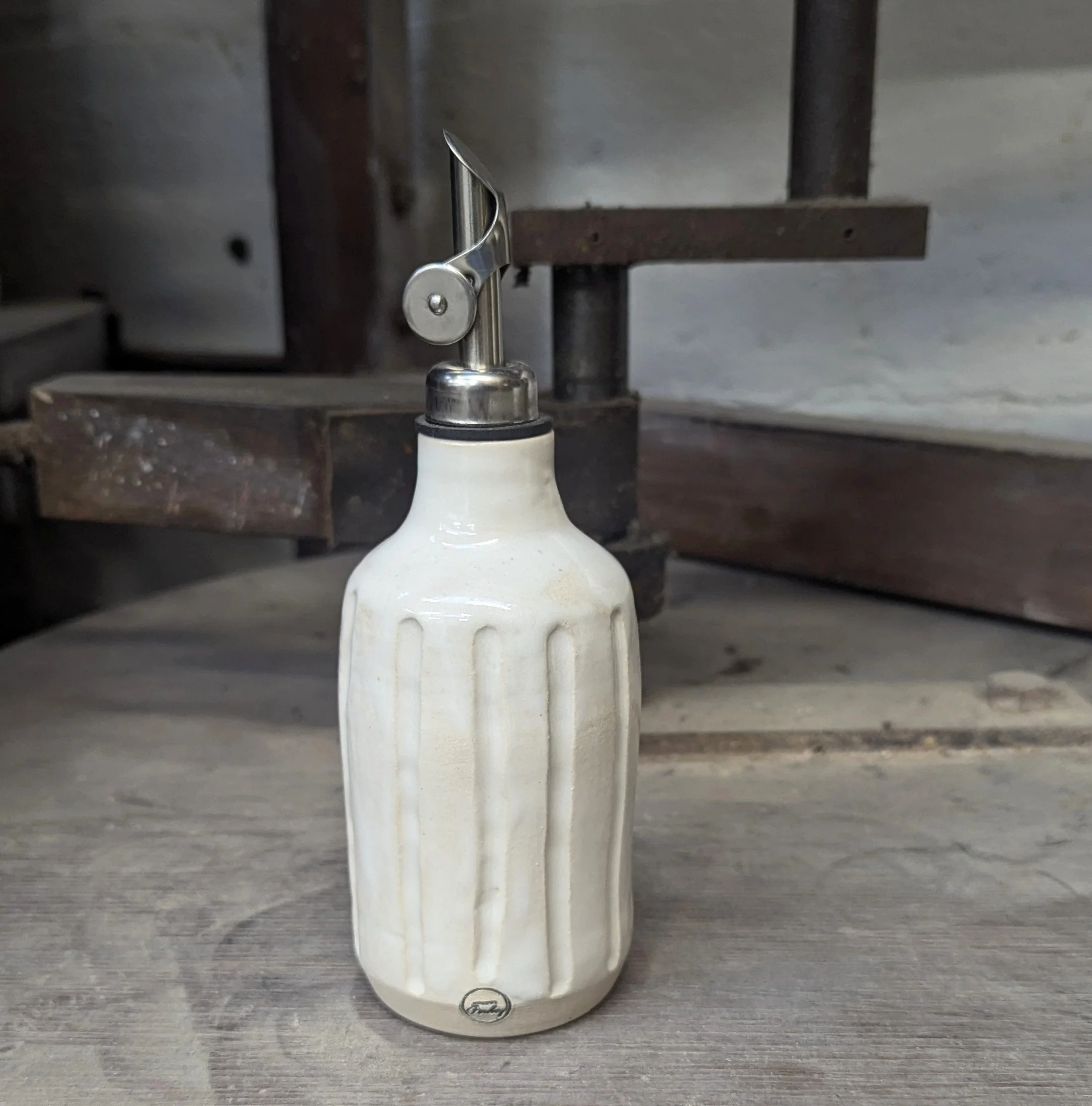 Pottery Oil Bottle Handmade Warm White with texture