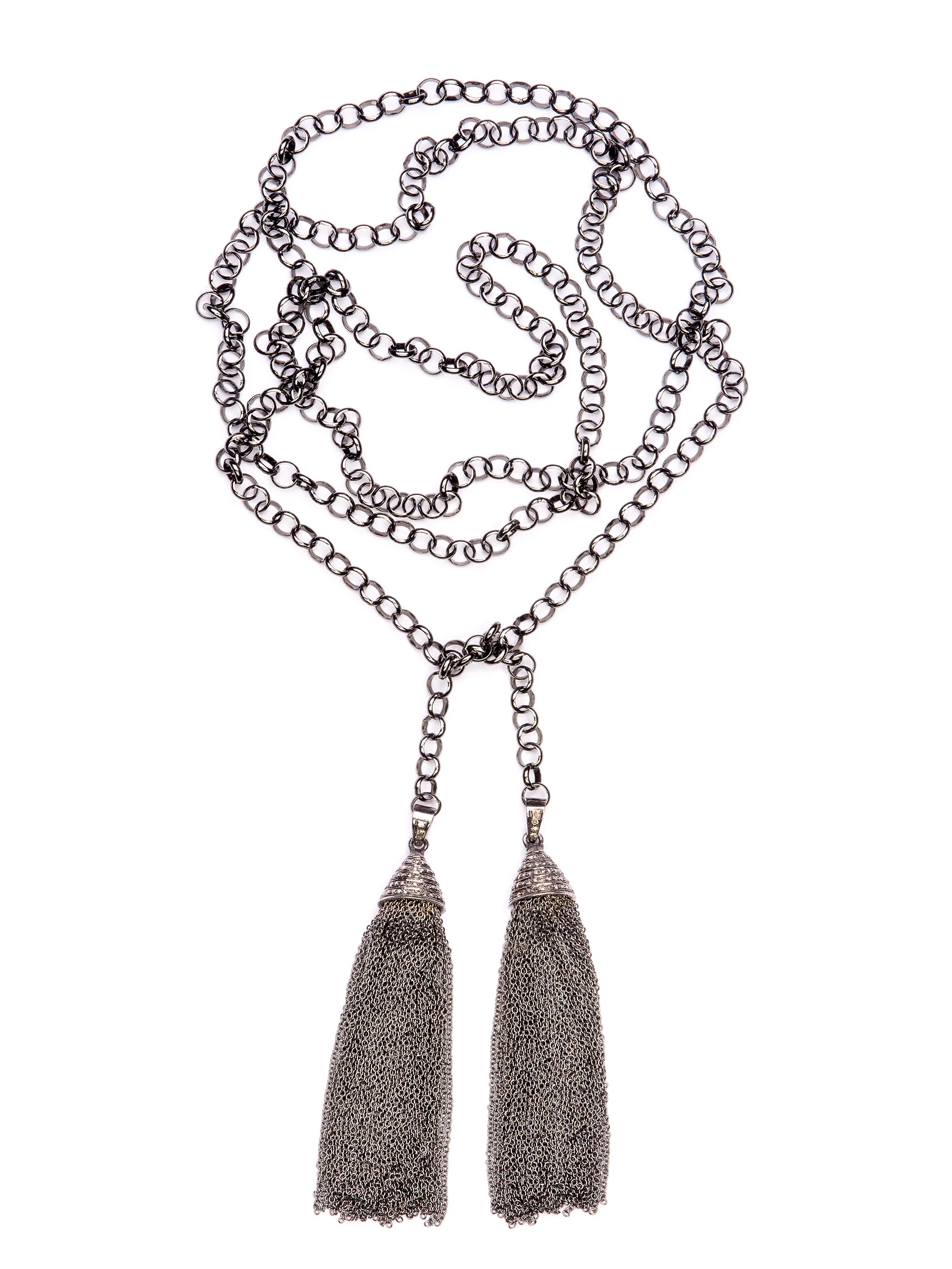 Pave Diamond Silver Chain Tassel Lariat Necklace