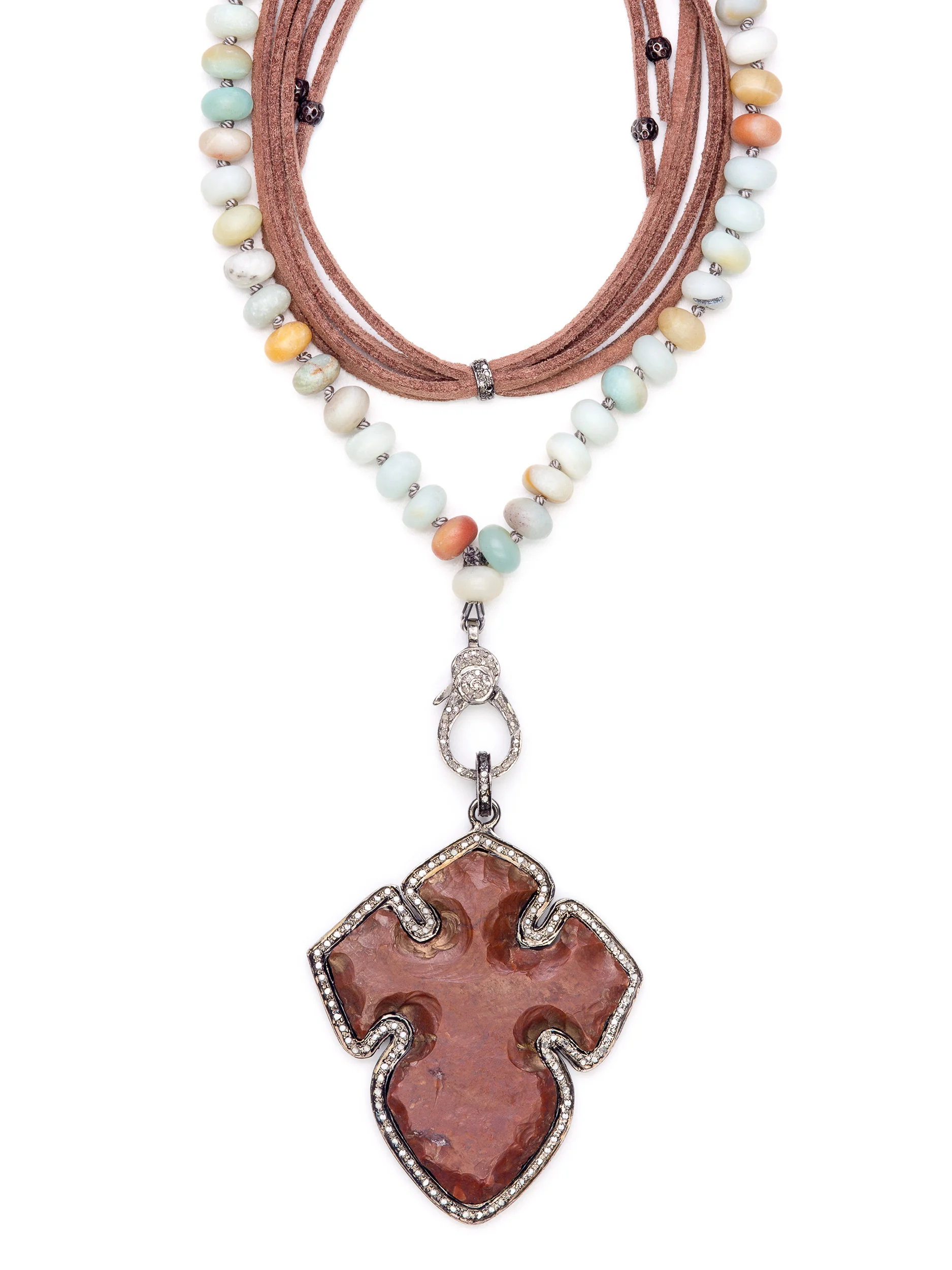 Diamond Bezel Carved Jasper Cross Necklace