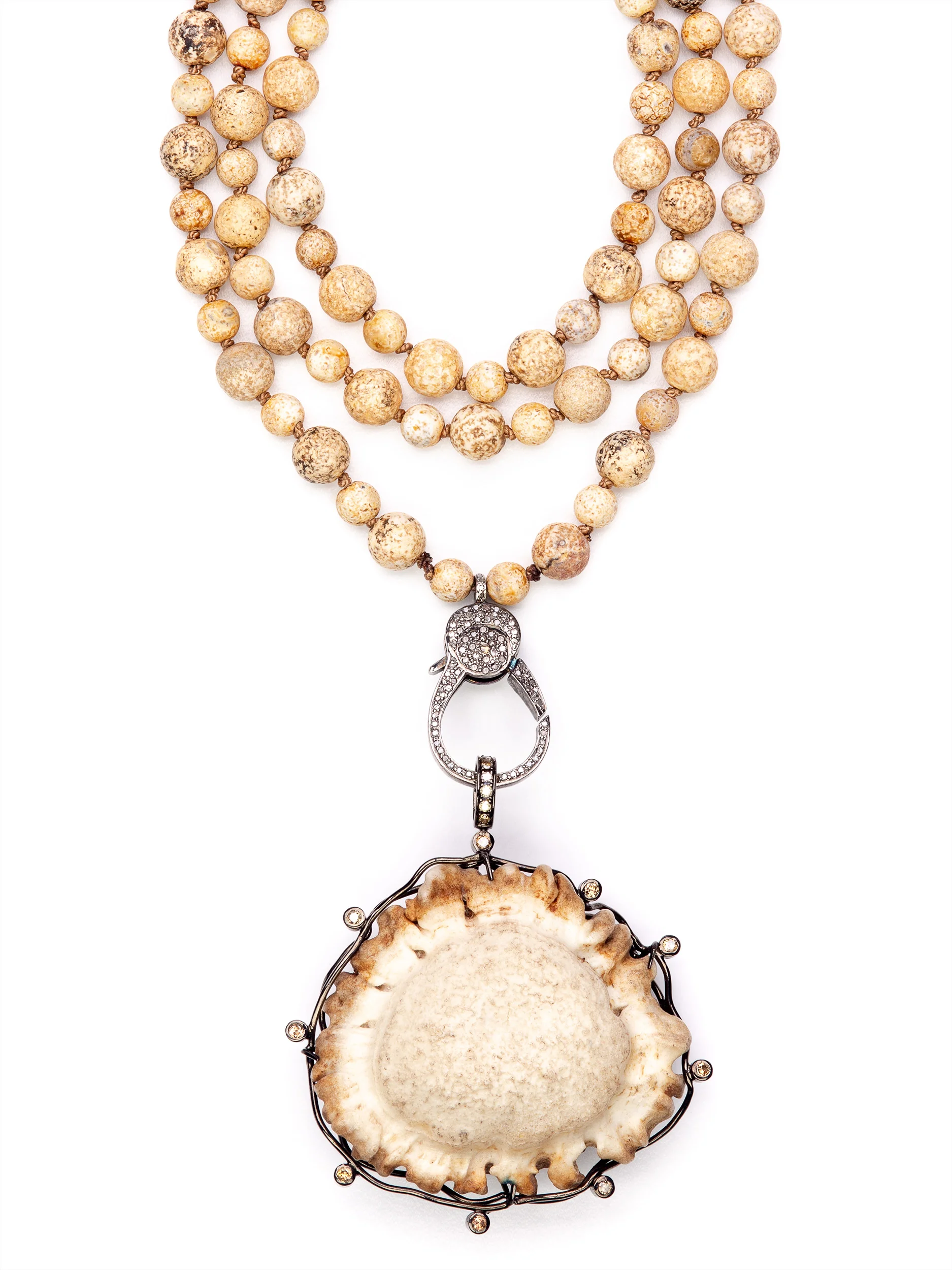 Jasper Silk Knot Diamond Wrapped Antler Slice Necklace