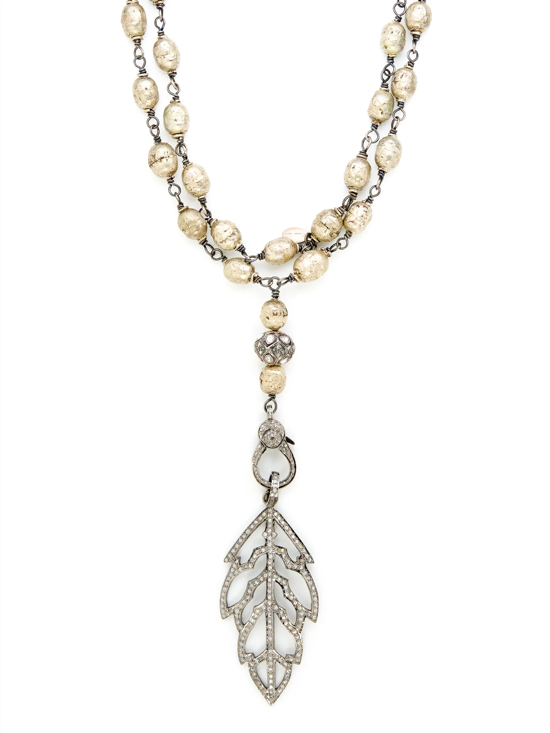 Ethiopian Prayer Bead Pave Diamond Fern Leaf Necklace