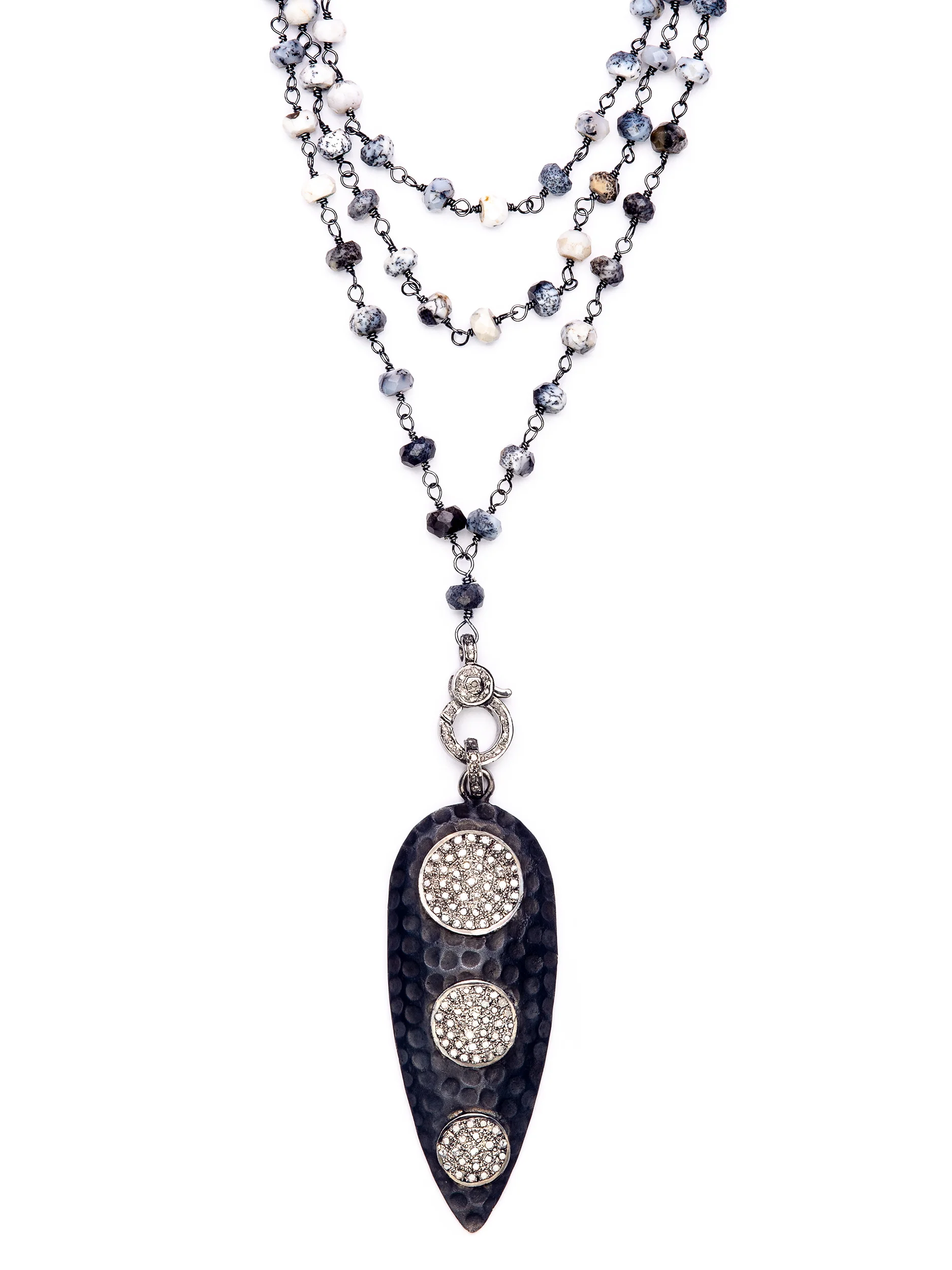 Dendrite Opal Rosary & Oxidized Silver Diamond Disc Spear Necklace