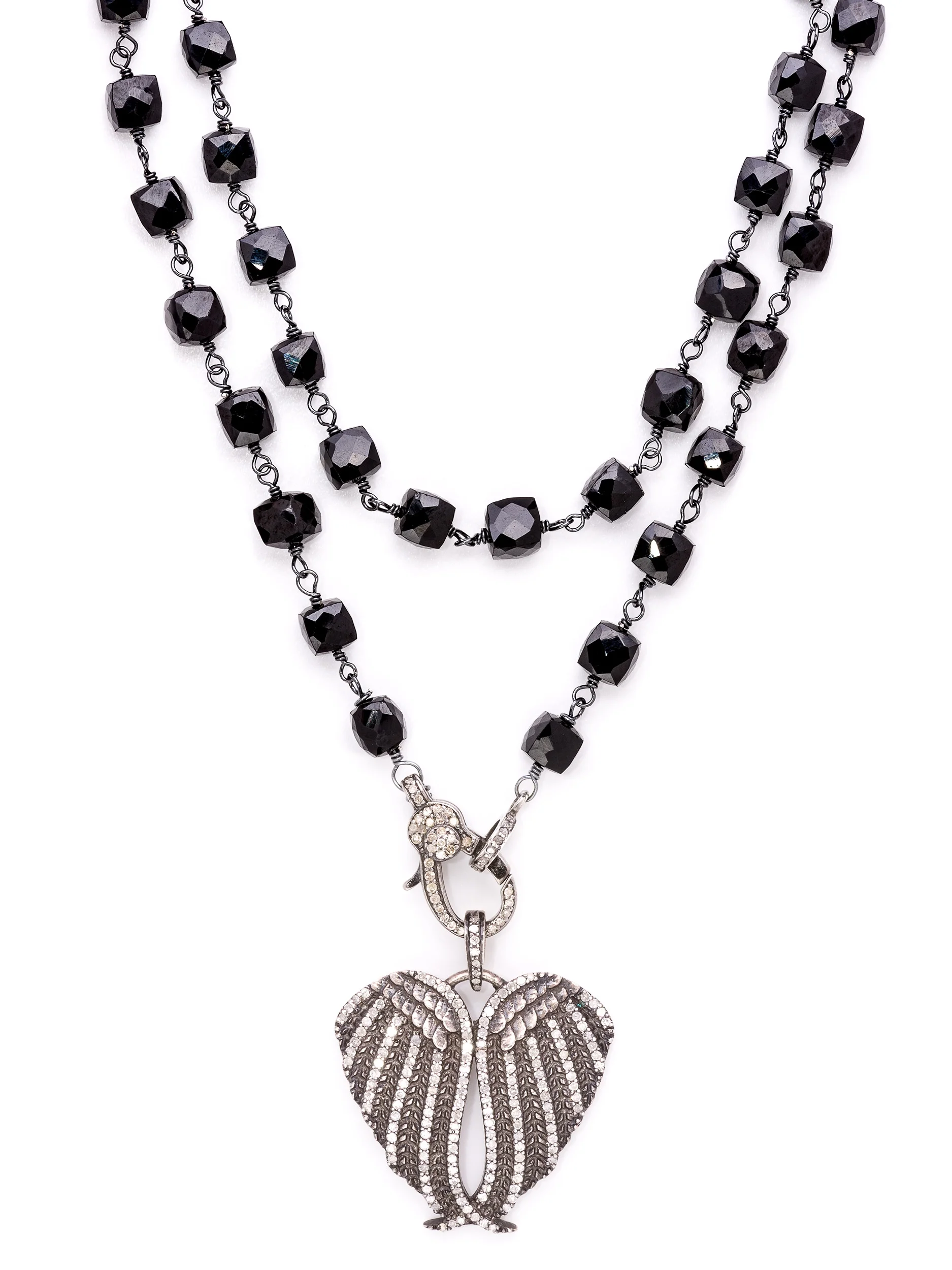Black Onyx Pave Diamond Double Wing Rosary Necklace