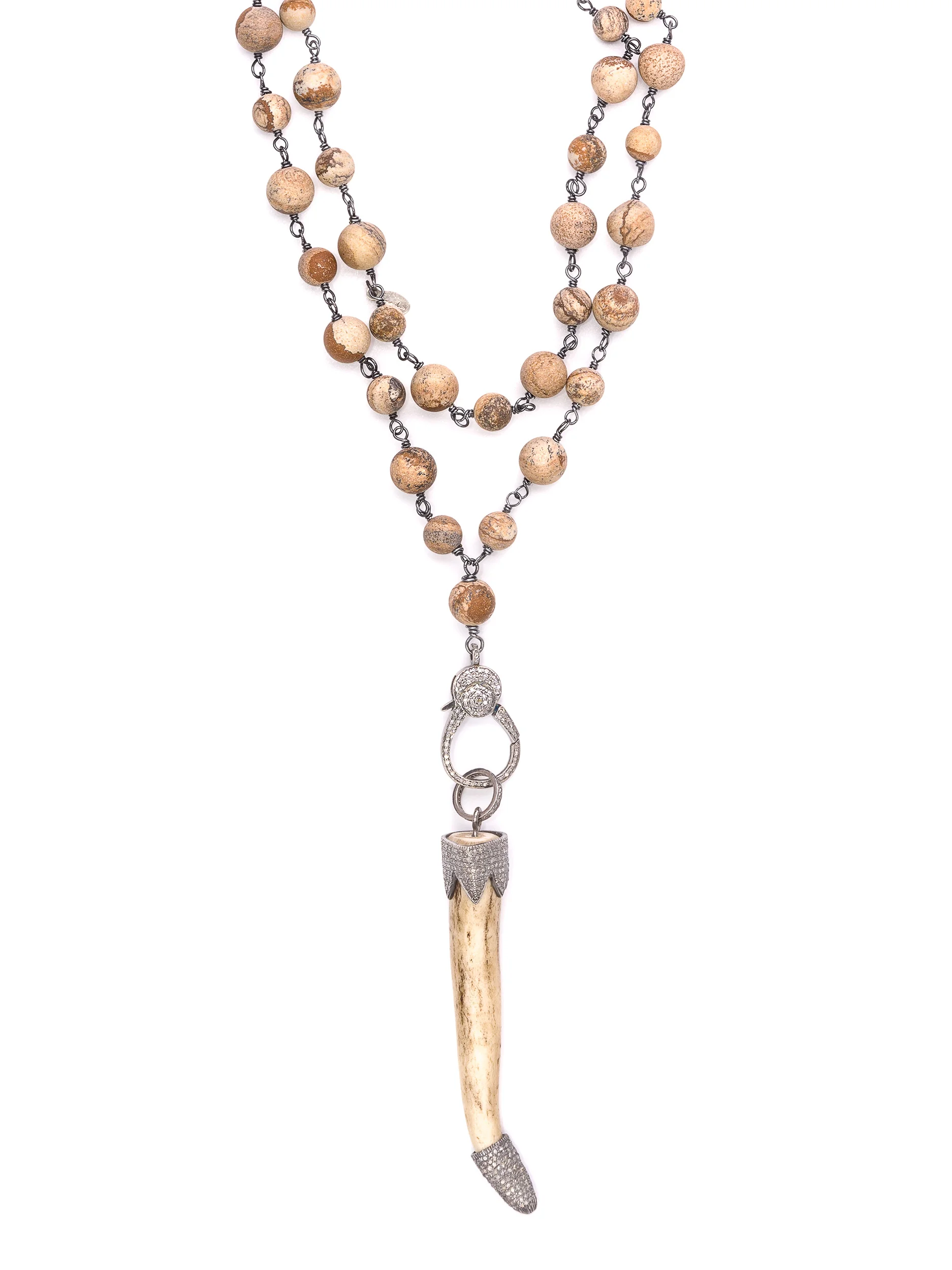 Pave Diamond Natural Elk Antler Jasper Rosary Necklace