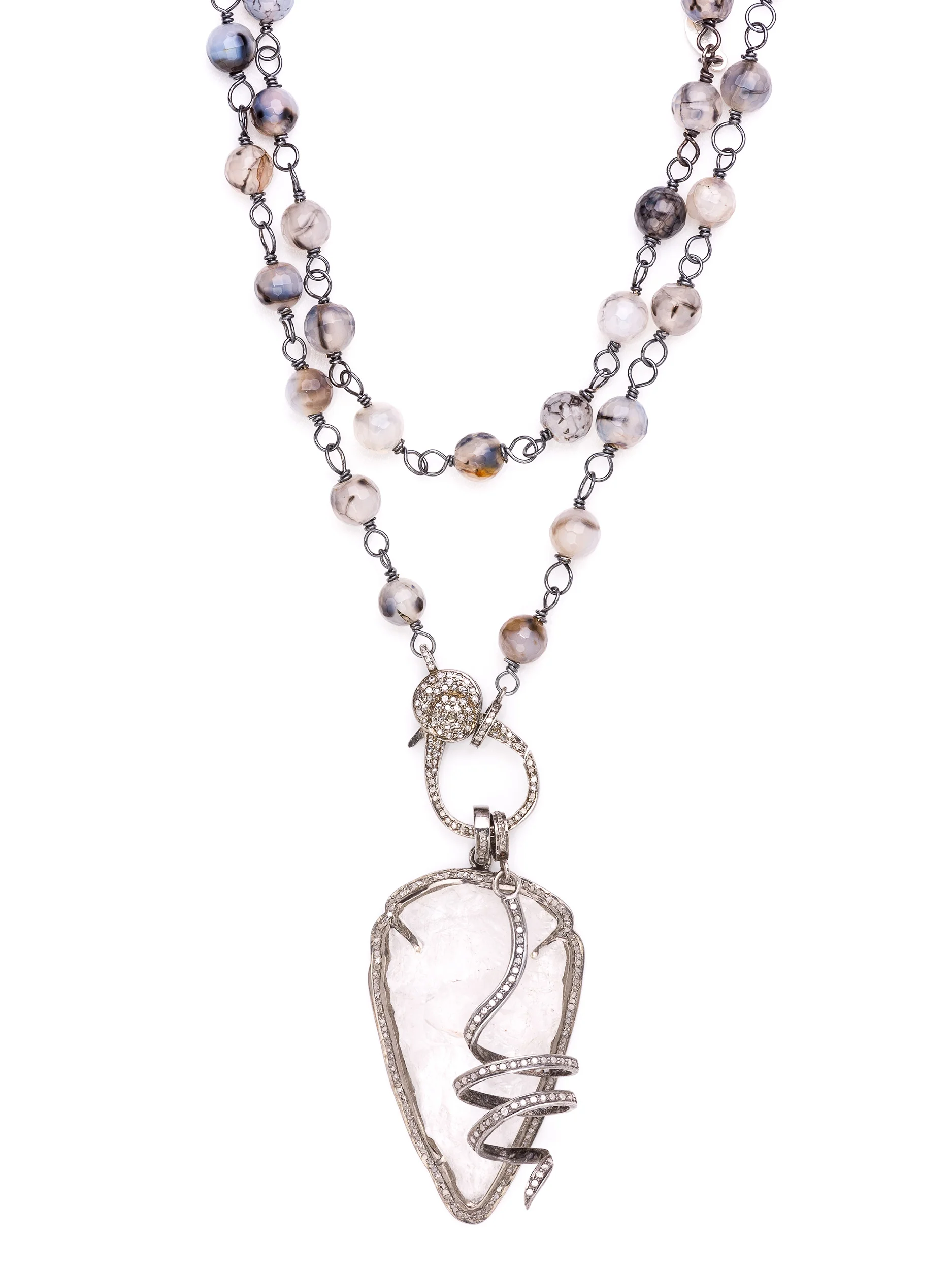 Diamond Bezel Quartz Arrowhead Faceted Agate Necklace