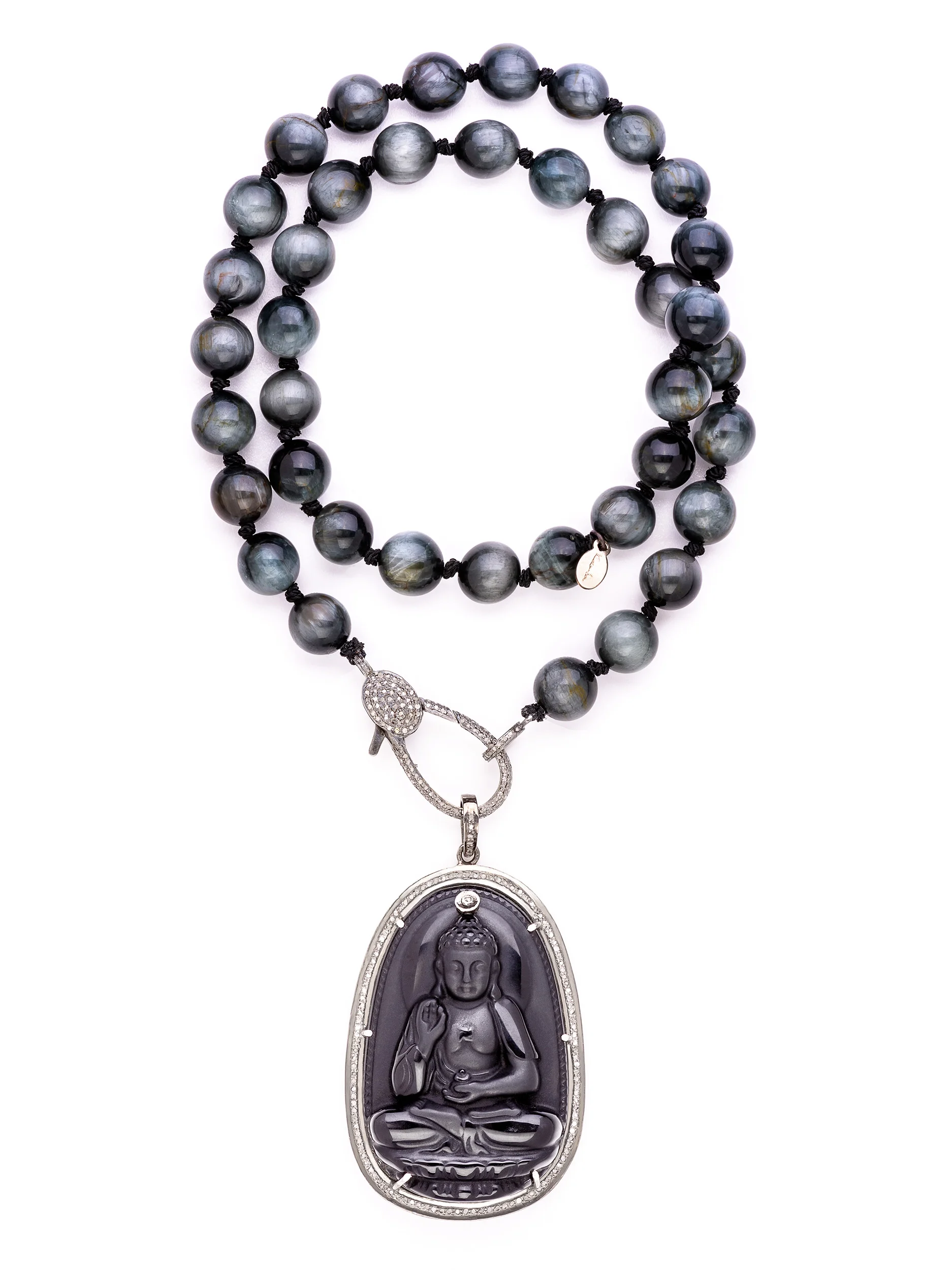 Silver Pave Diamond Bezel Obsidian Shiva Eagle Eye Chain Necklace