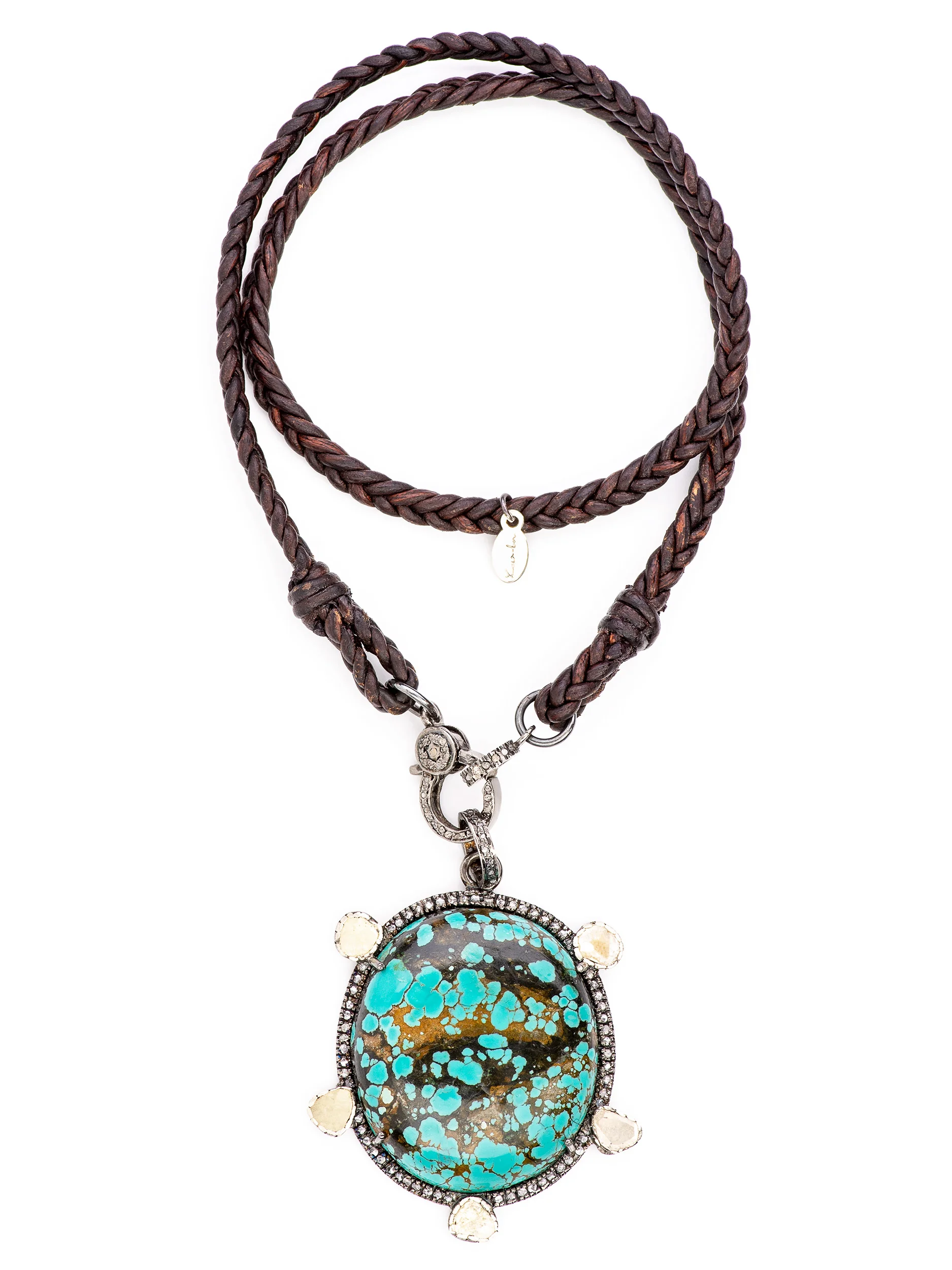 Pave Diamond Bezel Turquoise Brown Greek Leather Cord Necklace