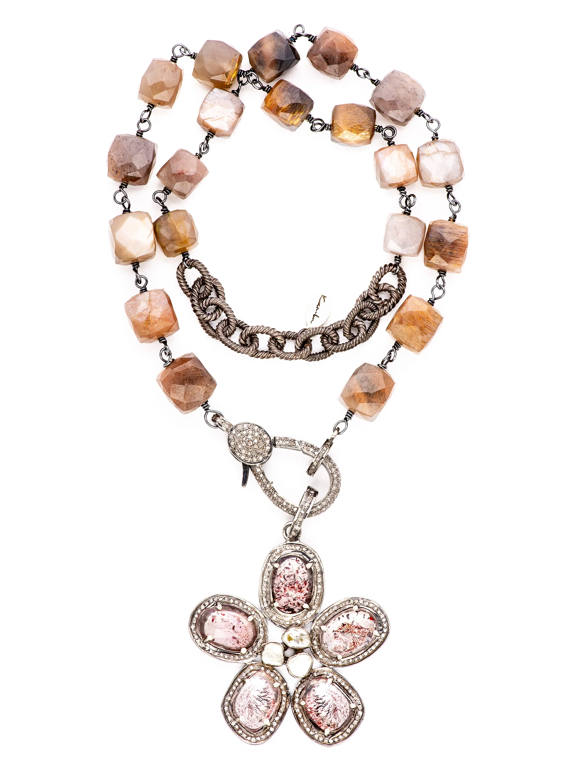 Diamond Faceted Moss Amethyst Flower Moonstone Rosary Necklace