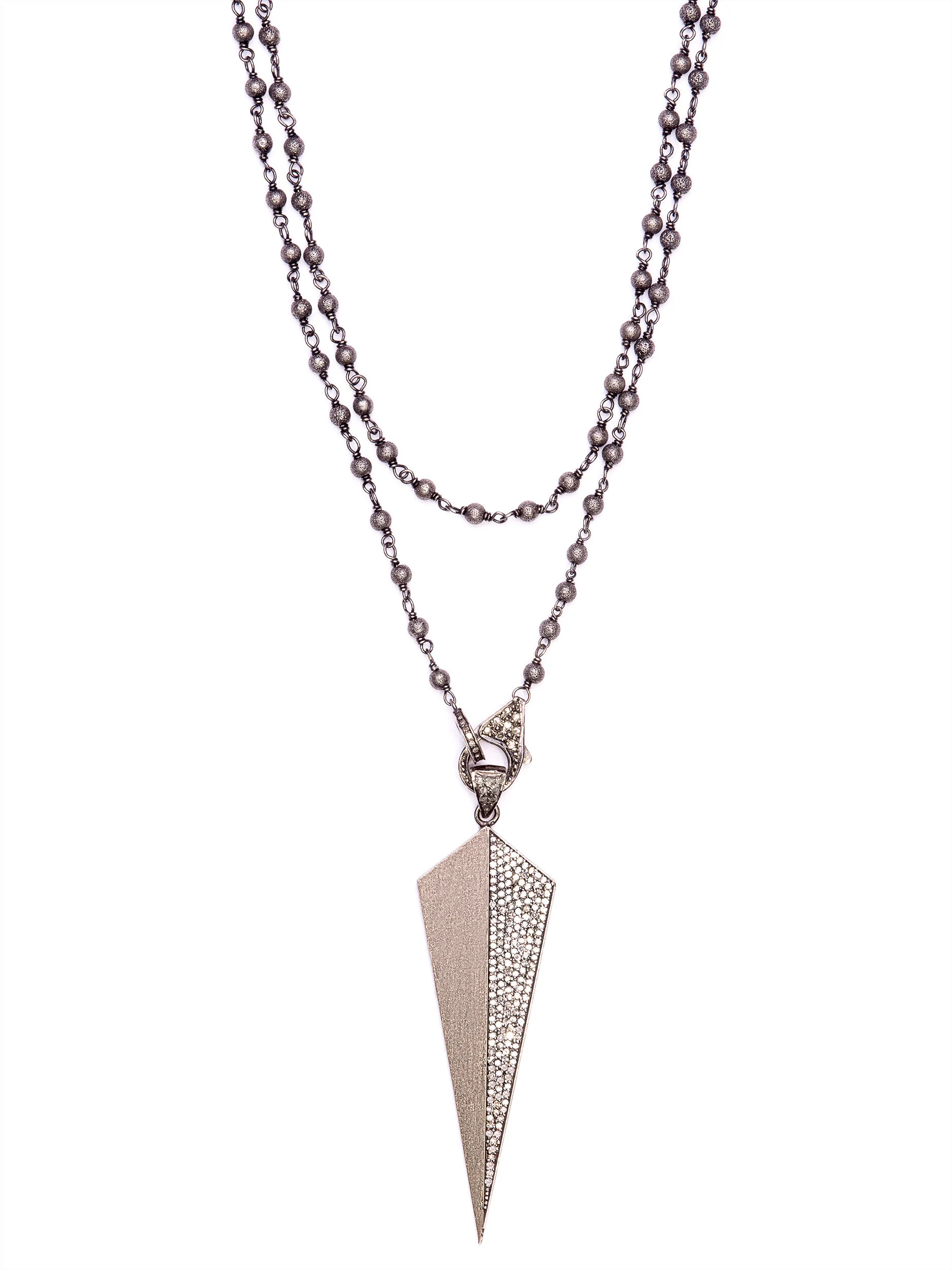 Brushed Silver Pave Diamond Kite Rosary Necklace