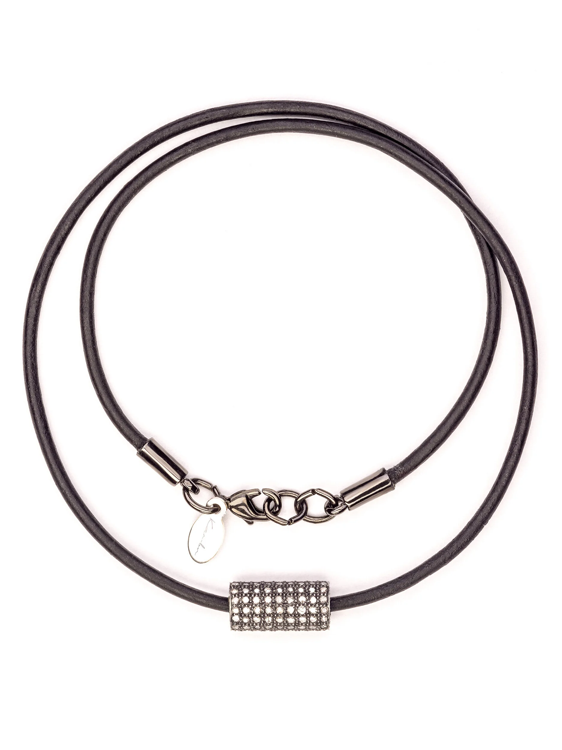 Black Greek Leather Cord Pave Diamond Tube Necklace