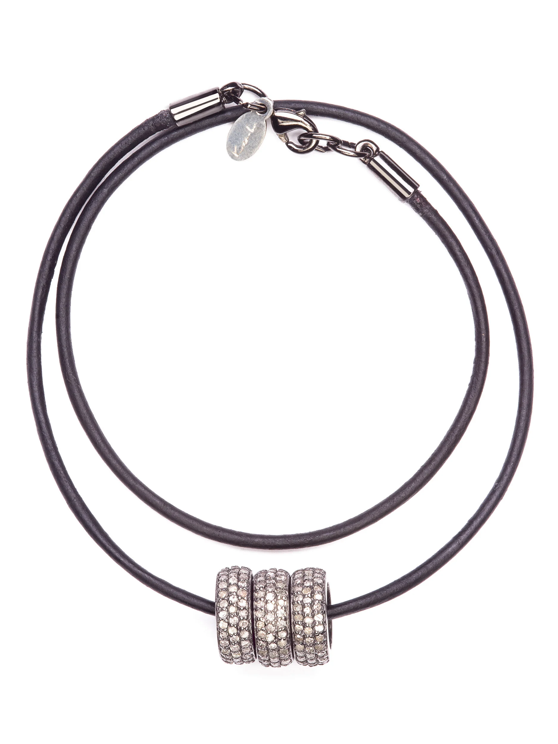 3 Pave Diamond Roundel Black Leather Cord Necklace