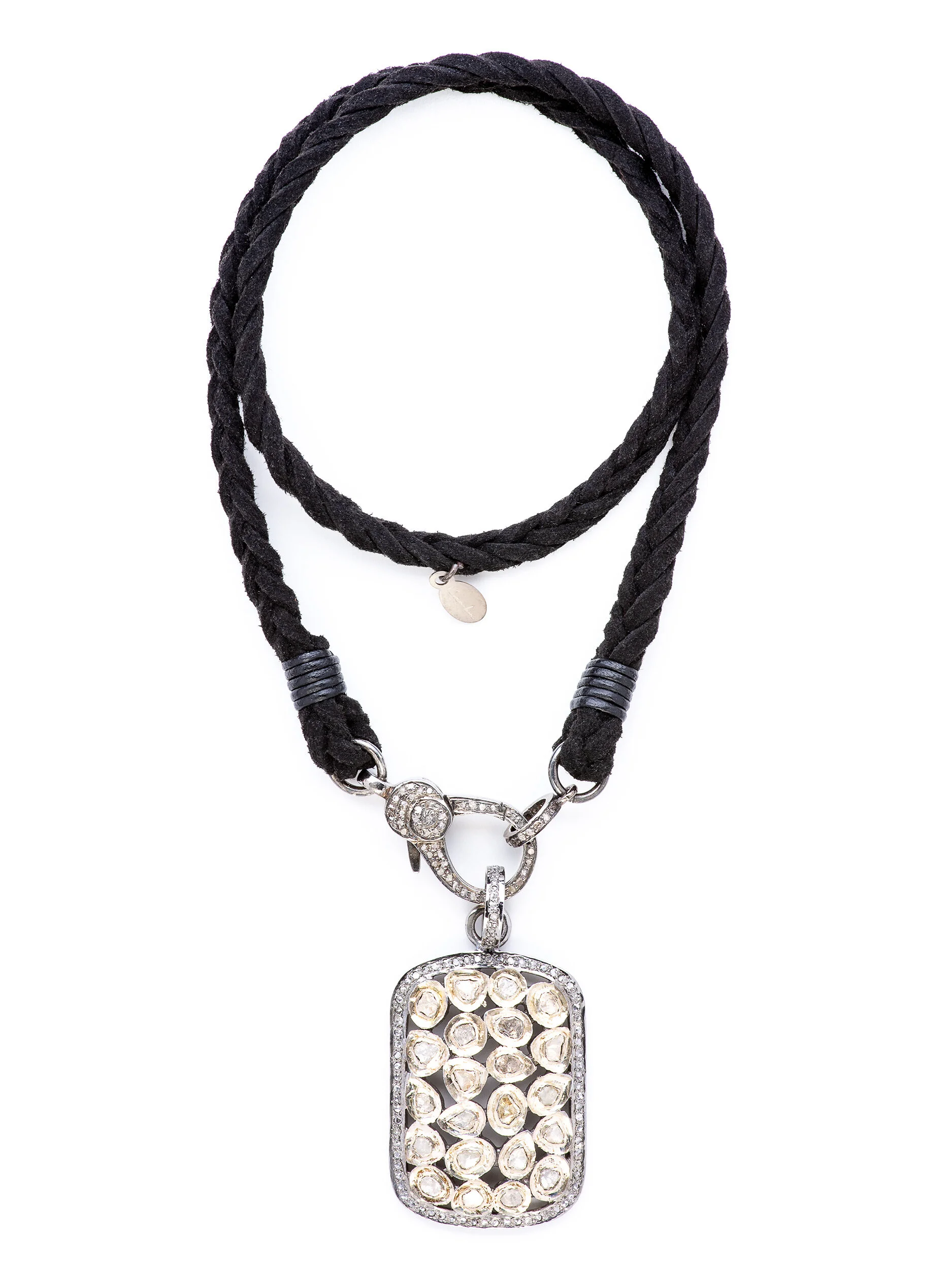 Pave Rose Cut Diamond Dog Tag Braided Suede Necklace