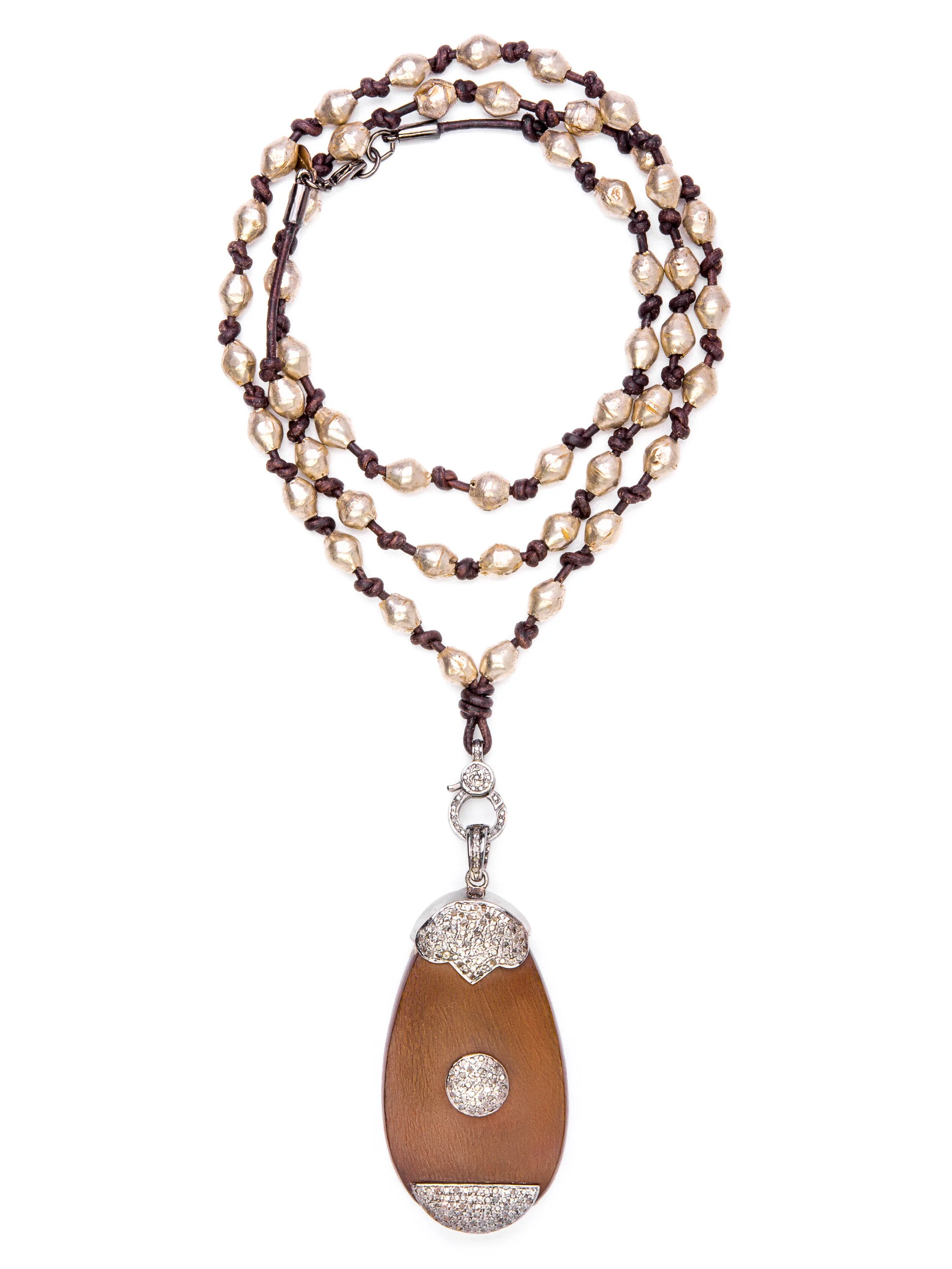 Pave Diamond Detailed Carved Wood Antiqued Greek Leather Cord Necklace