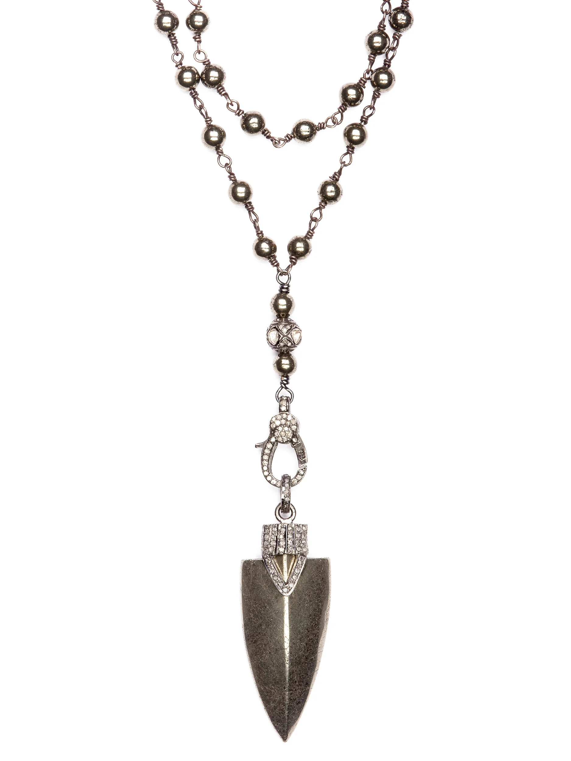 Diamond Silver Pyrite Arrowhead Rosary Necklace