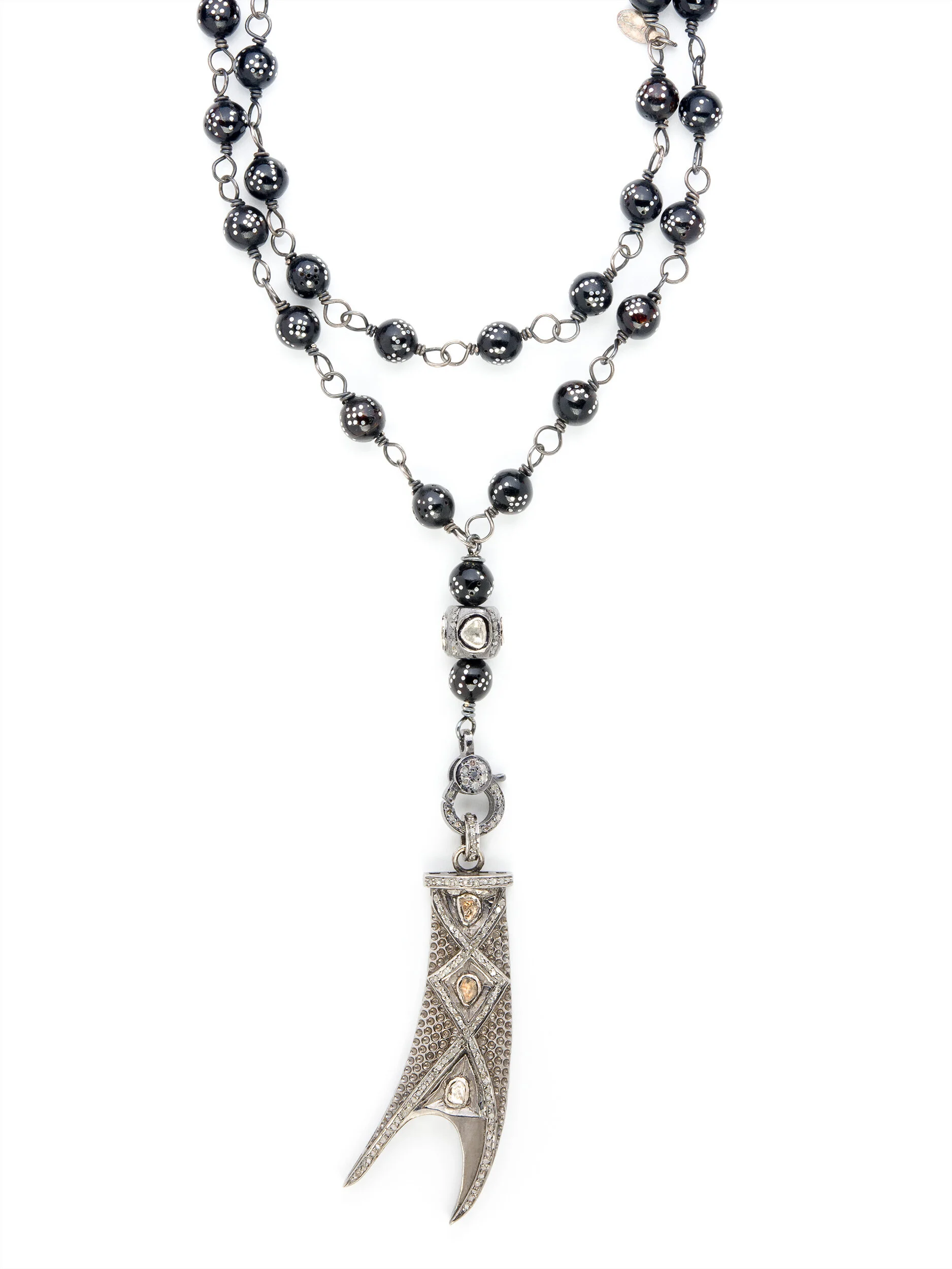 SIlver Diamond Tooth Black Coral Rosary Necklace