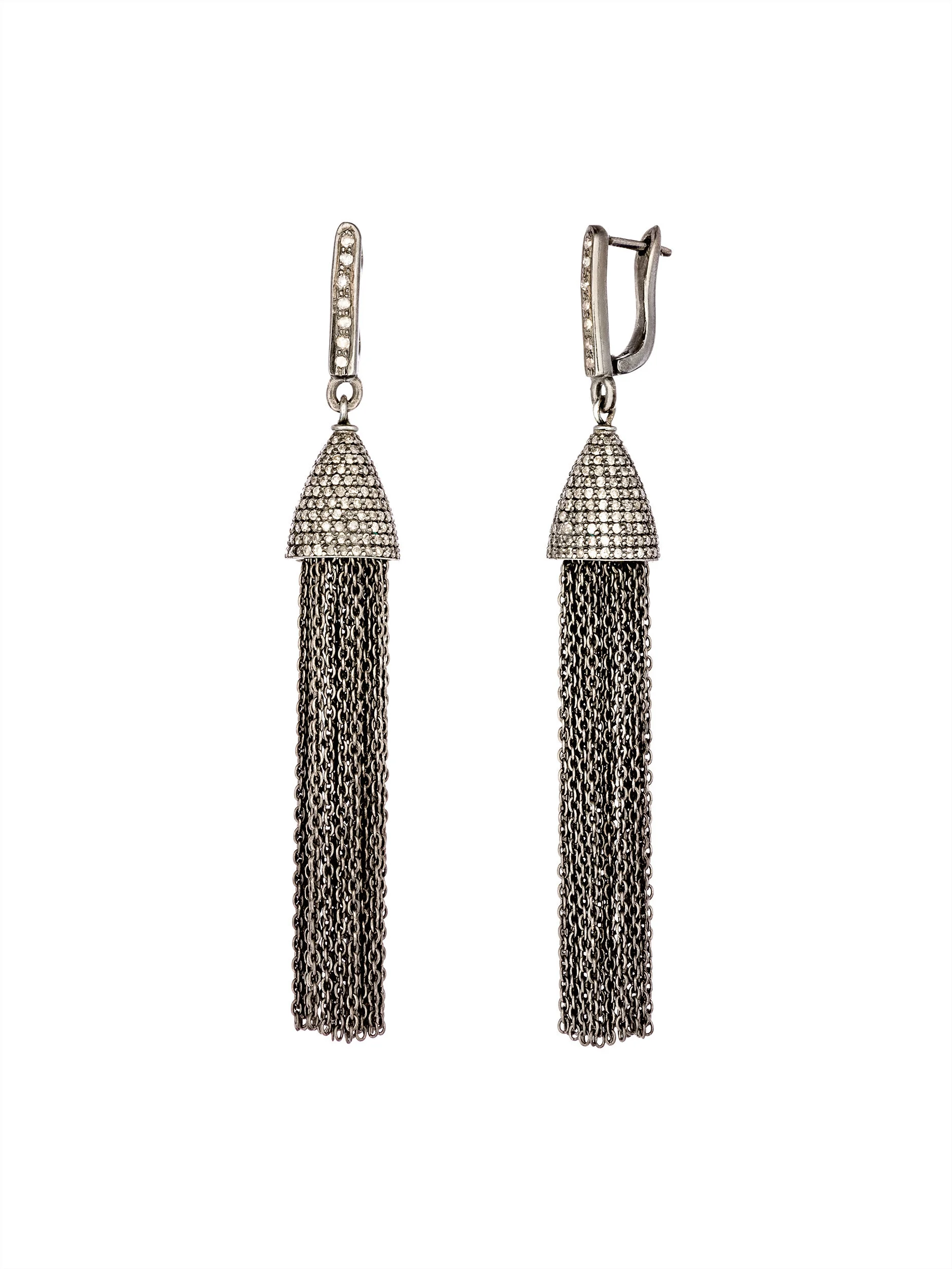 Silver Pave Diamond Cap Chain Tassel Earrings