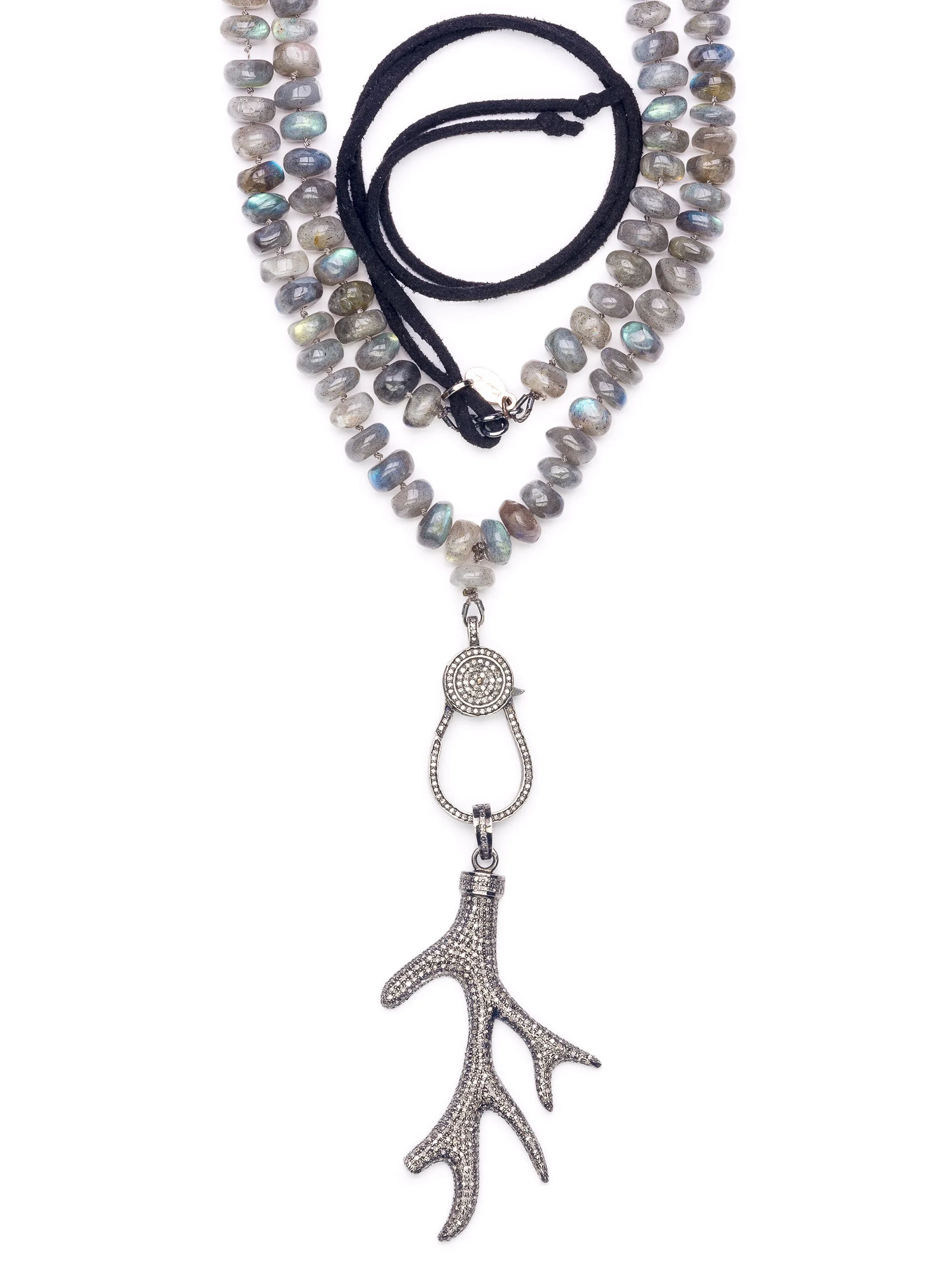 Pave Diamond Deco Leaf Adjustable Labradorite Necklace