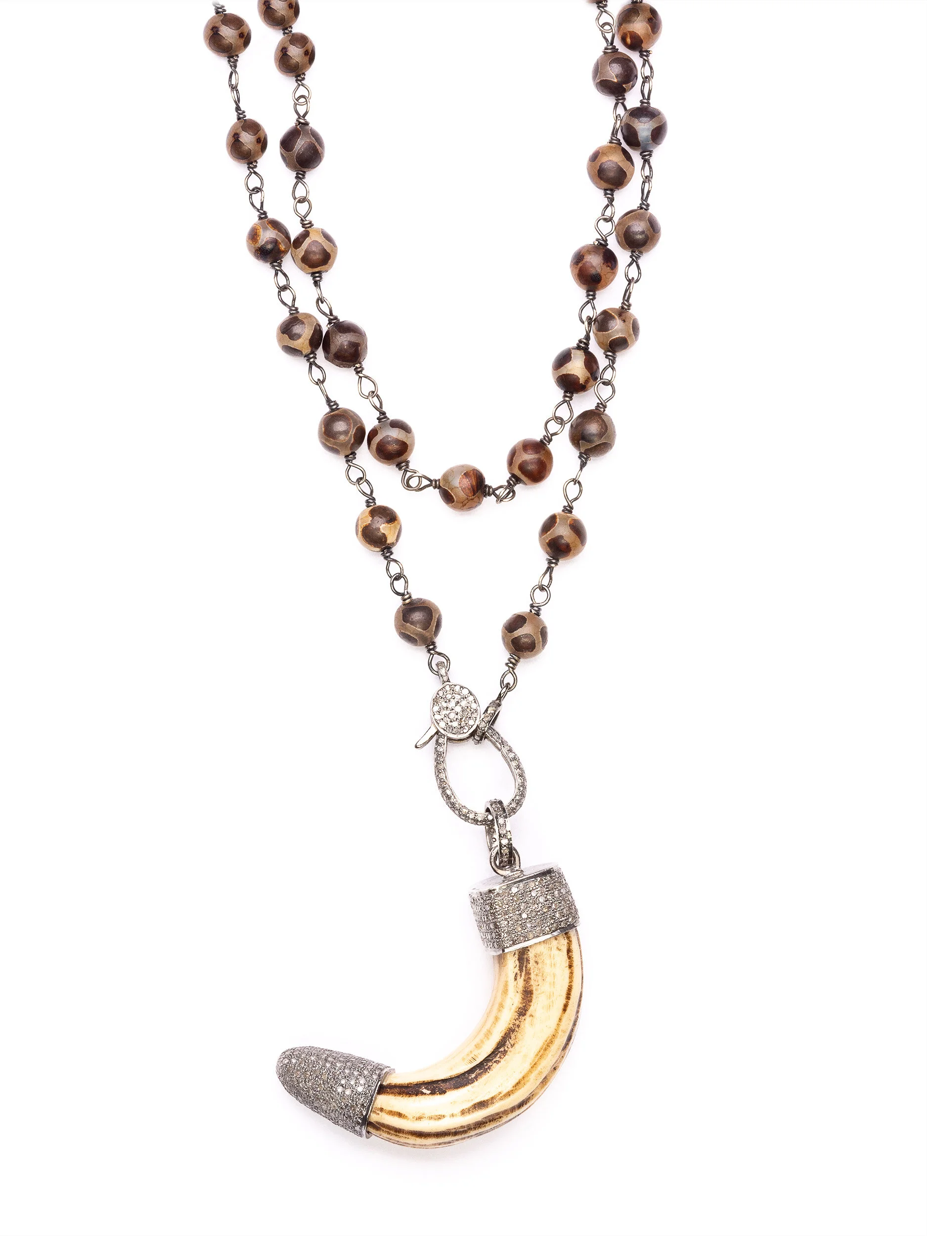 Diamond Capped Boars Tooth Tibetan Agate Necklace