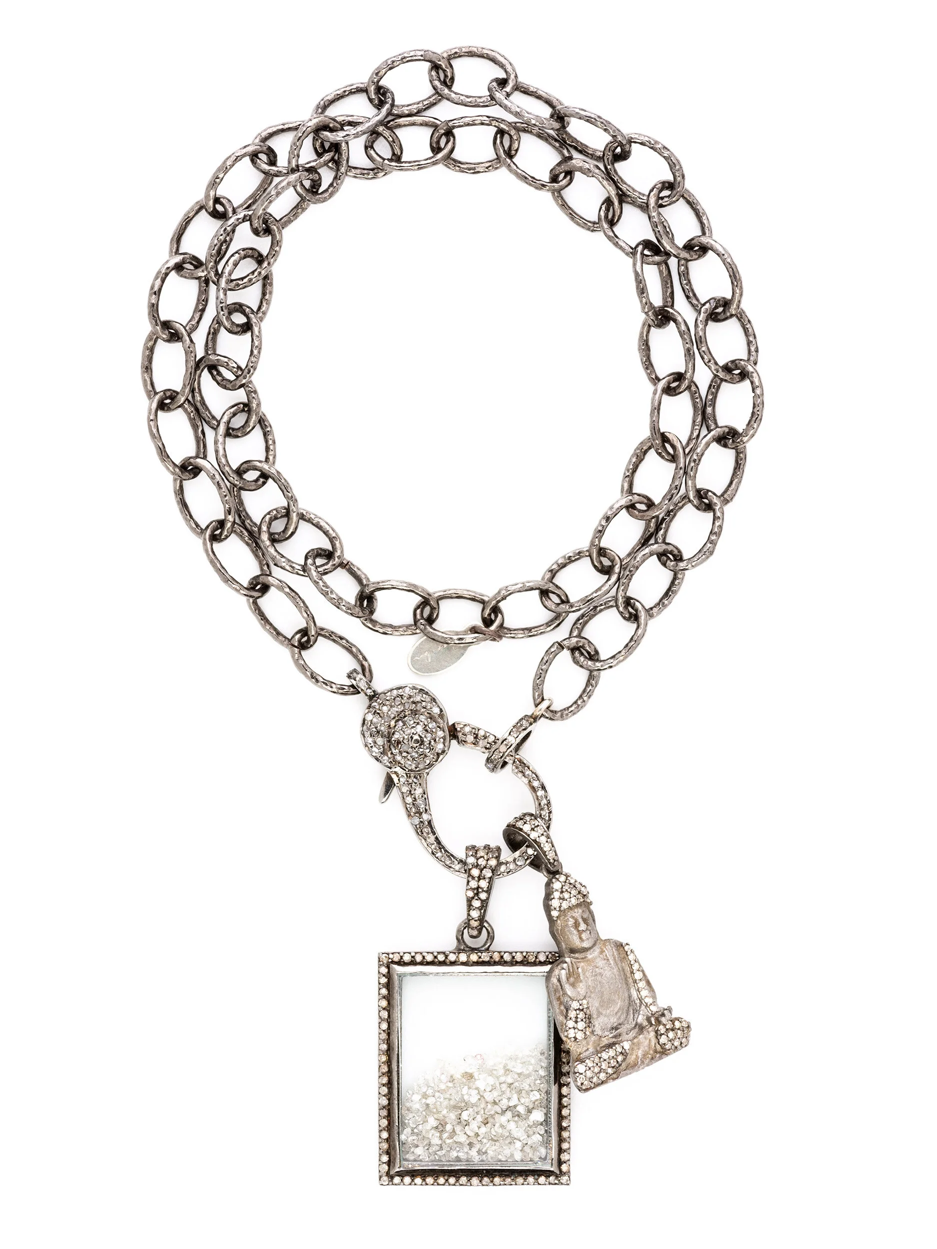 Bezel White Diamond Shake and Shiva Hammered Silver Oval Link Necklace