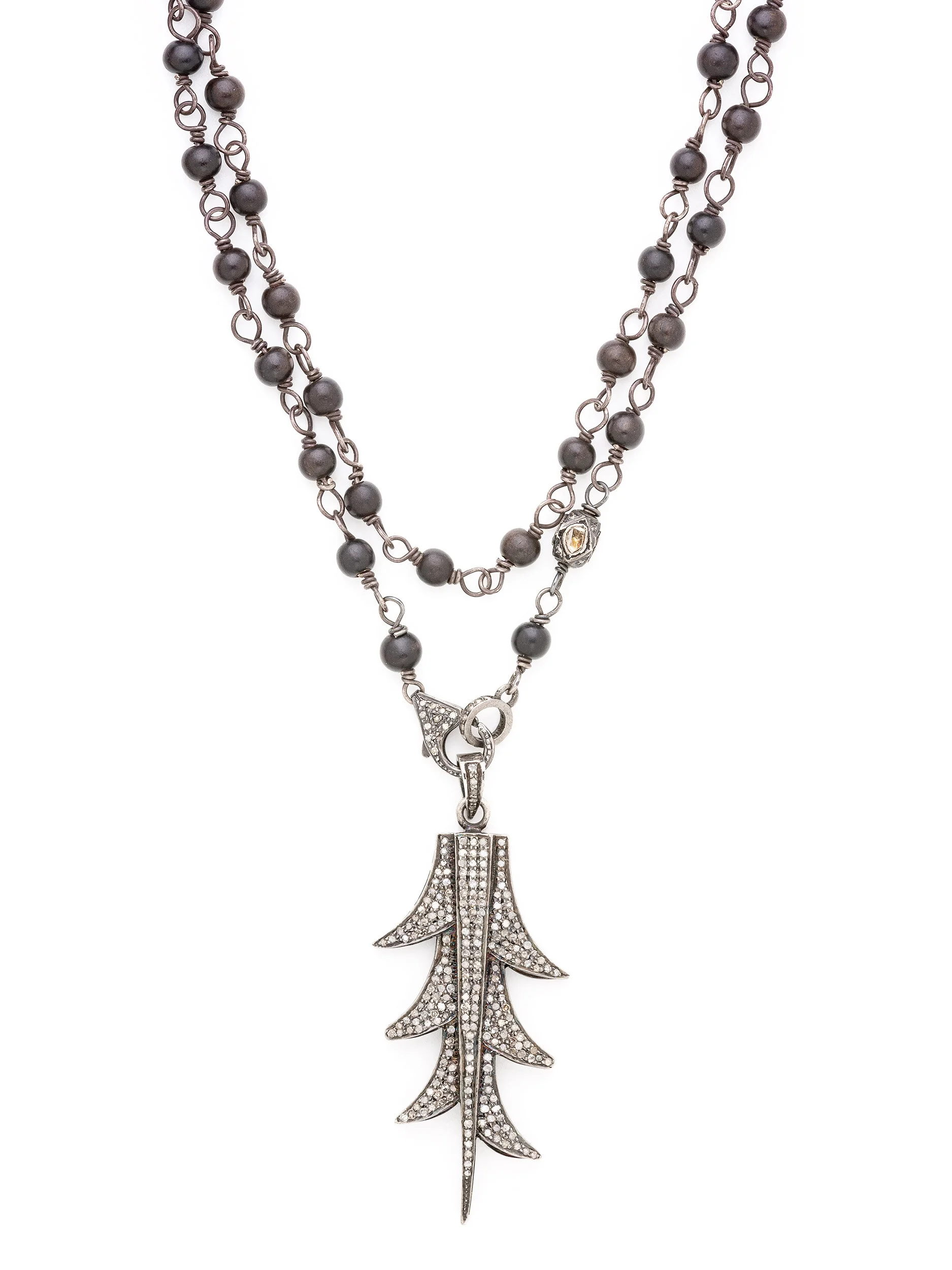 Pave Diamond Deco Antler Ebony Wood Rosary Necklace