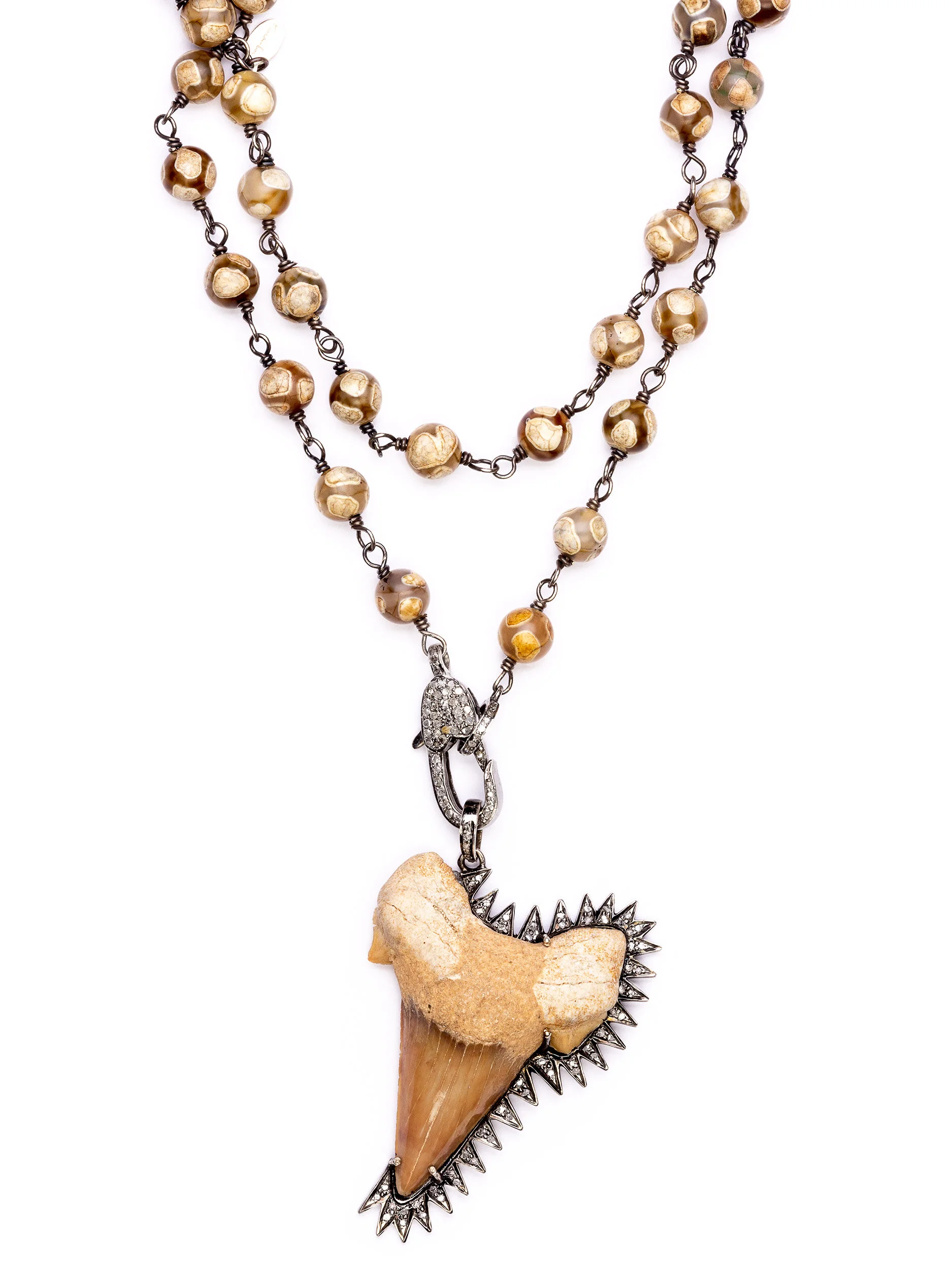 Tibetan Agate Rosary Diamond Fossilized Shark Tooth Necklace