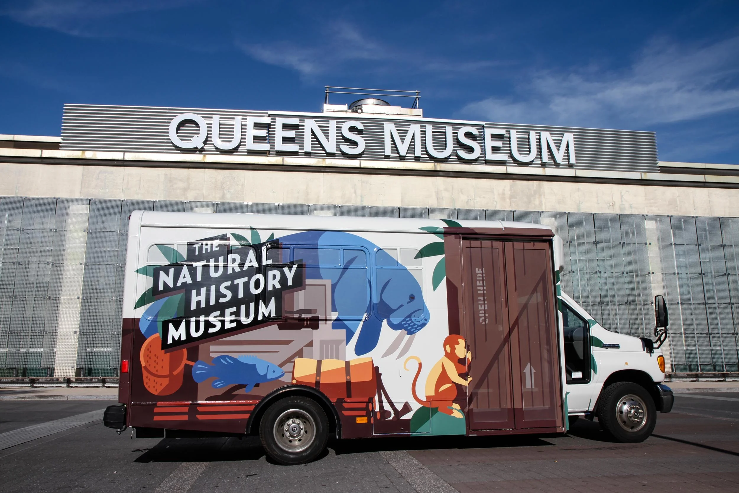 The Natural History Museum bus outside the Queens Museums for its inaugural exhibition in 2014.