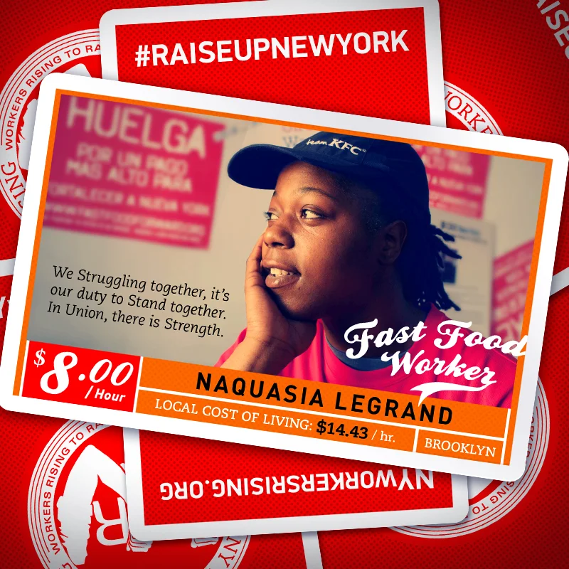 As part of this raising the minimum wage campaign, social media images portraying fast food workers alongside their own words and actual NYC living wages acted as storytelling snapshots to help gather momentum towards action.