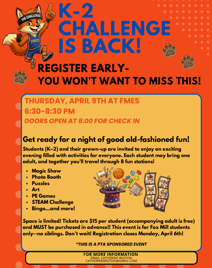 K-2 Challenge, April 9th, 6:30-8:30pm! Tickets on sale now through 4/6!