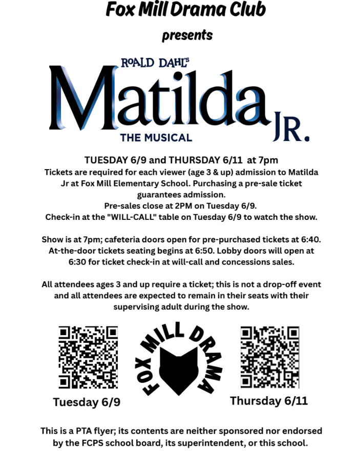 Fox Mill Drama Club presents Matilda Jr. TUESDAY 6/9 and THURSDAY 6/11 at 7pm